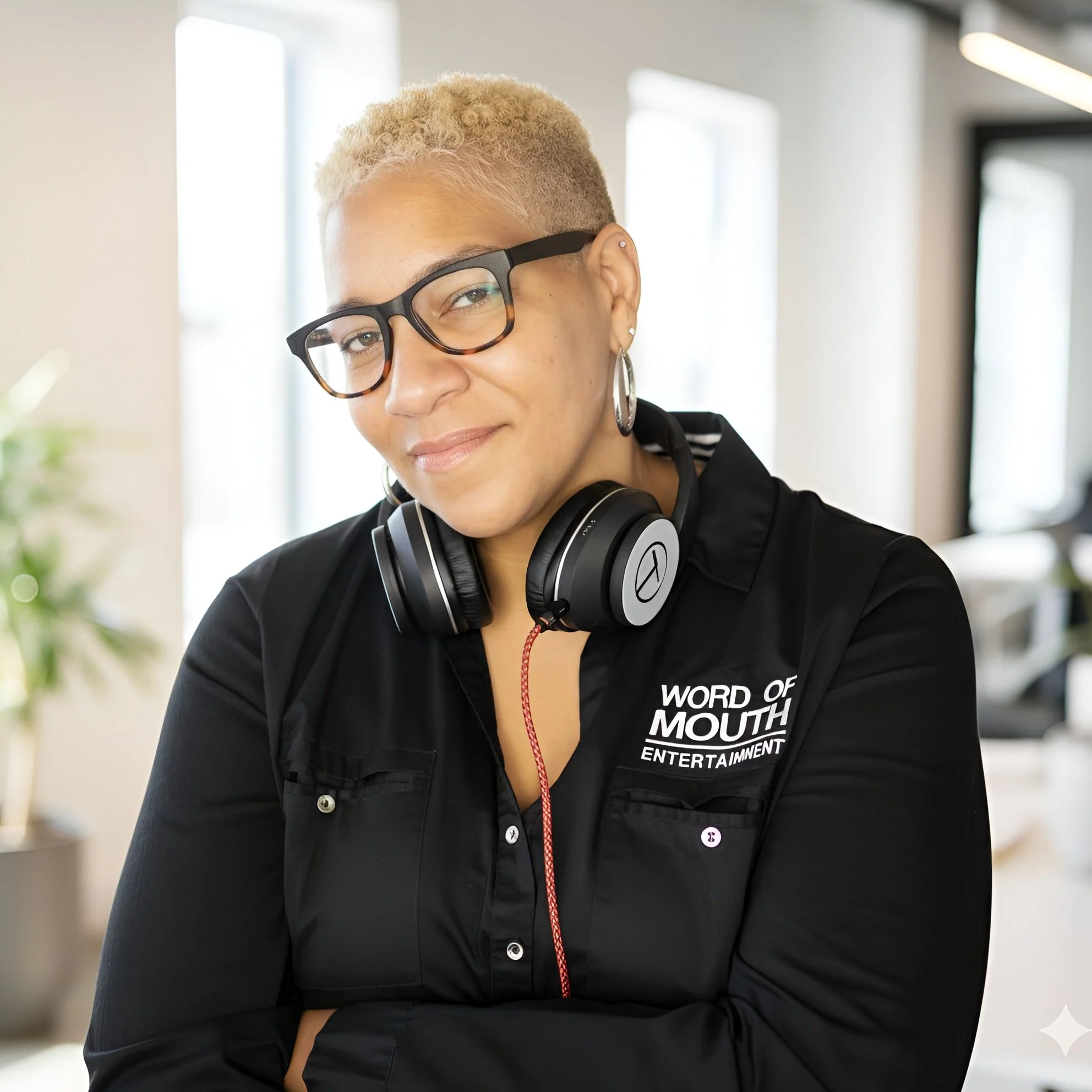 A woman with short blonde curly hair, glasses, and earrings is wearing headphones around her neck and a black shirt with white text that reads 'Word of Mouth Entertainment.' She has a slight smile and is in an indoor setting with bright natural light.