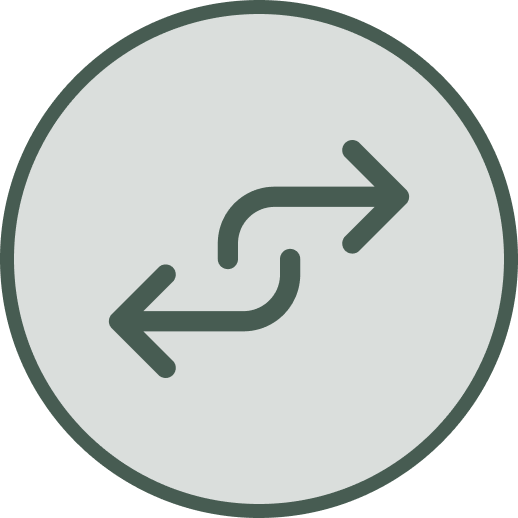 A dark green circular icon with two arrows forming a circle, indicating a refresh or repeat action.
