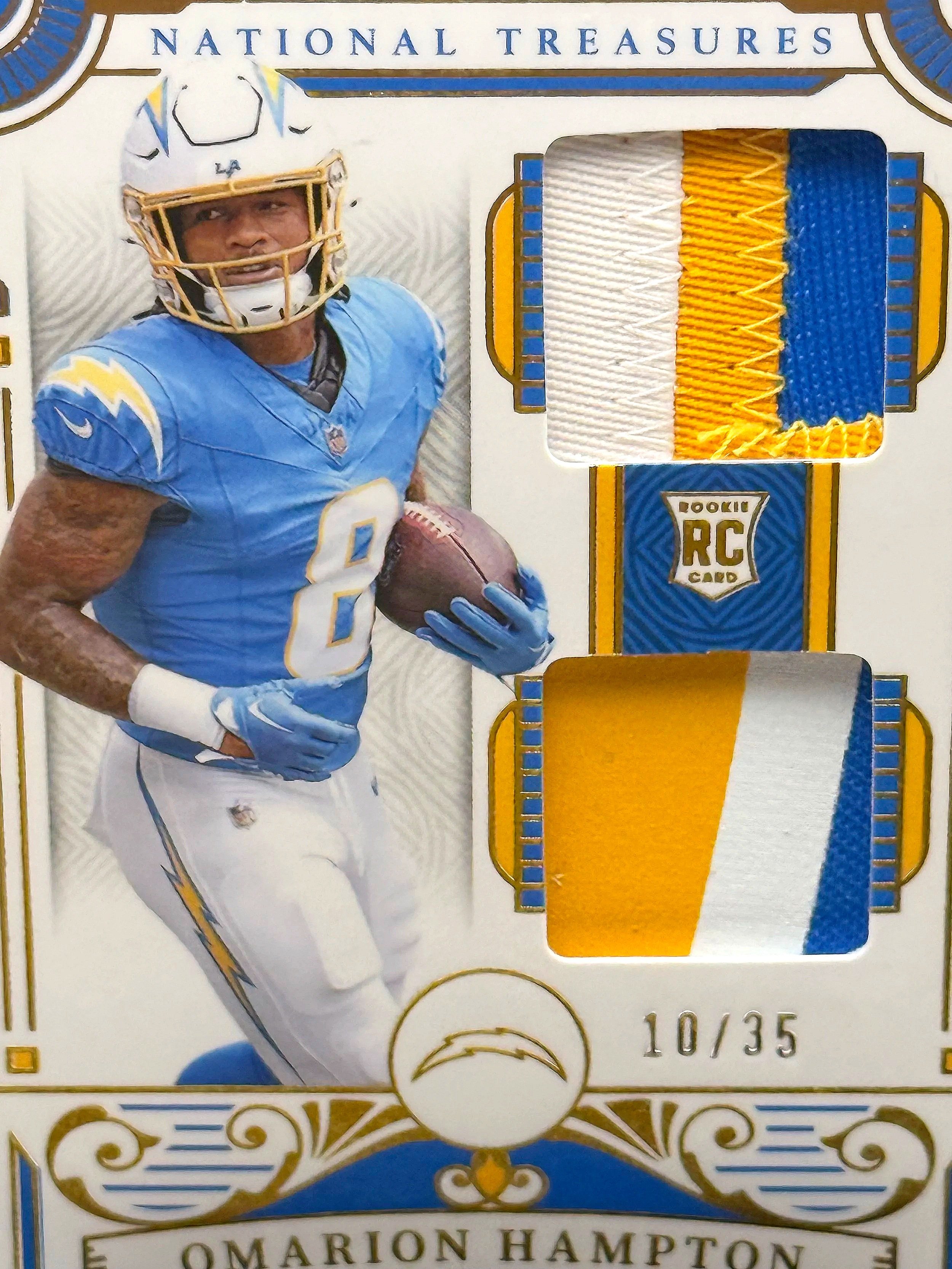 2025 National Treasures Omarion Hampton Dual Patch Rookie /35 NT RC #9 Chargers football card front detail
