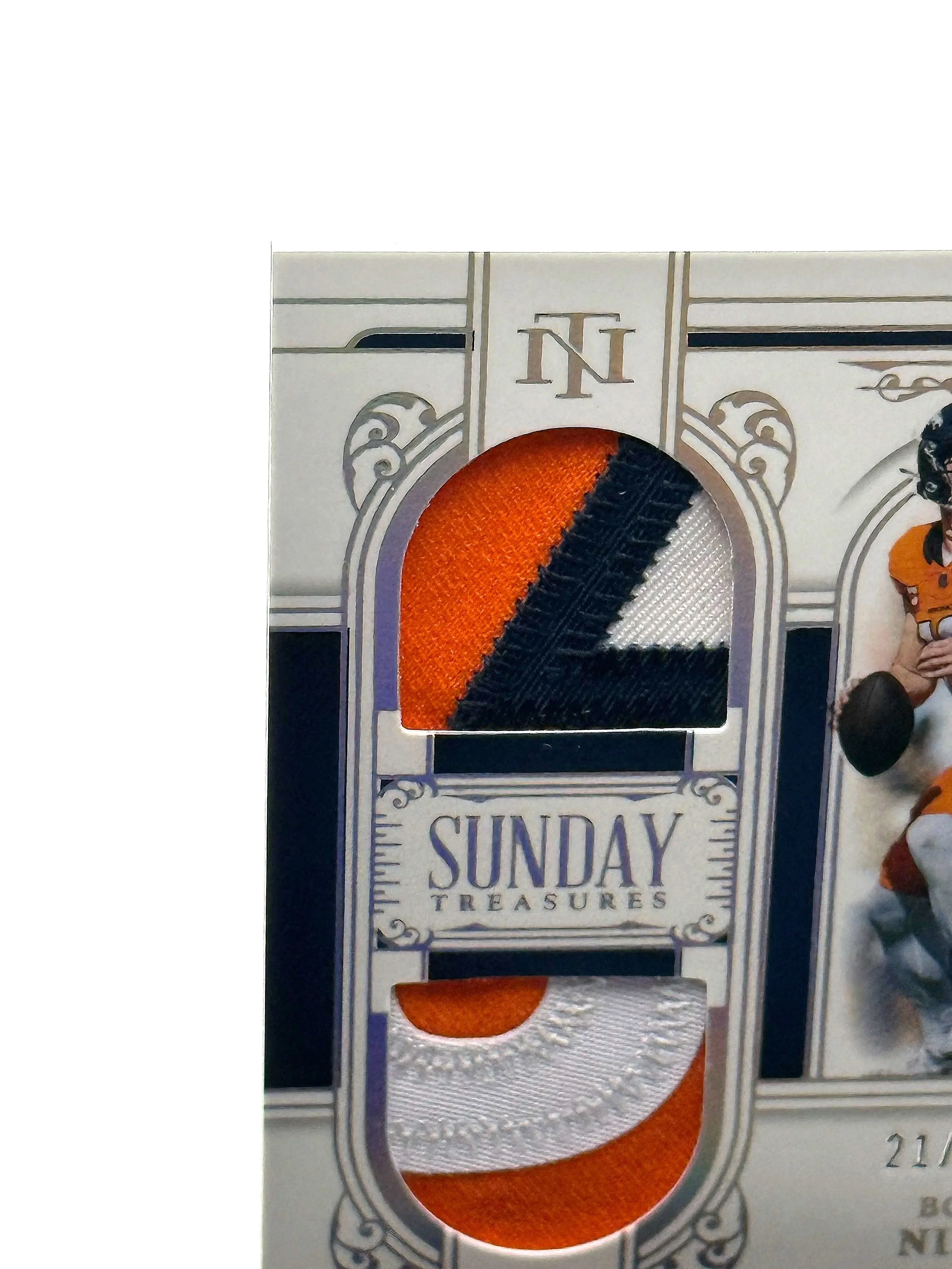 2025 National Treasures Bo Nix Sunday Treasures Dual Patch /25 #ST-BNX Broncos Football Card top left corner