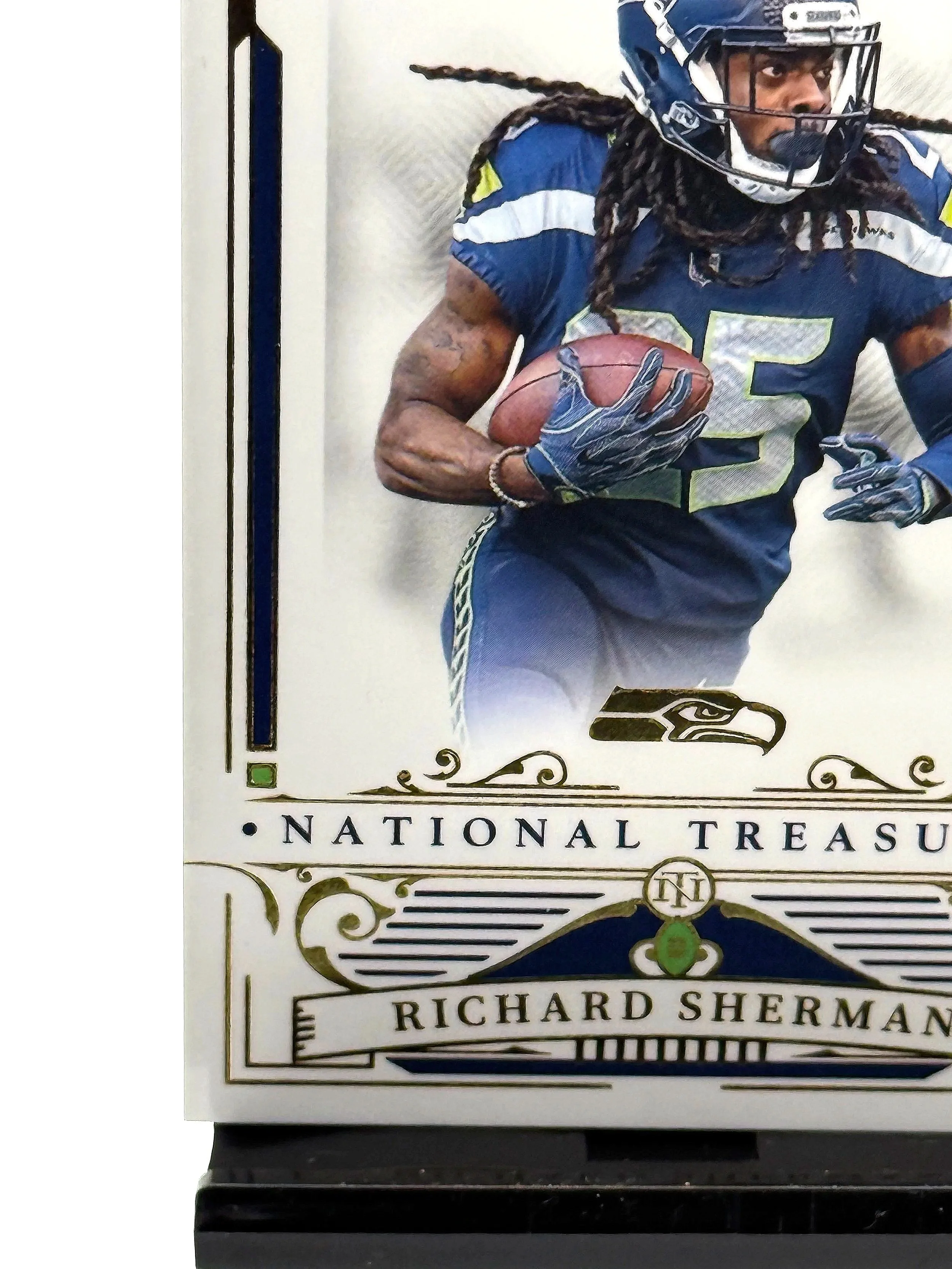 2025 National Treasures Richard Sherman /35 Seahawks football card bottom left corner