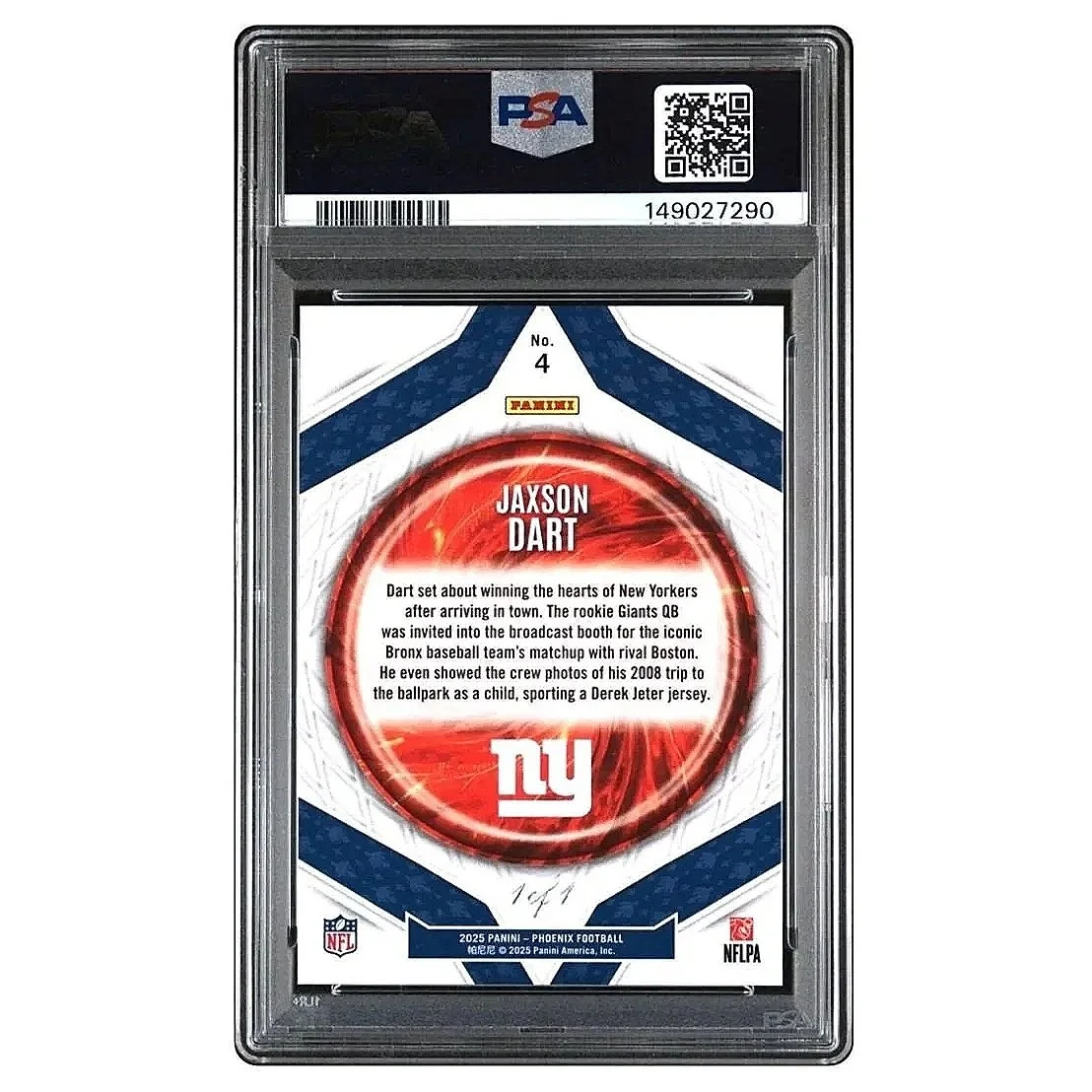 2025 Phoenix Paragon Jaxson Dart Celestial 1/1 #4 Giants - PSA10 Football Card Back