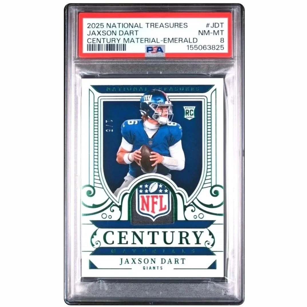 2025 National Treasures Jaxson Dart Century Materials NFL Shield patch /5 PSA8 Football Card Front