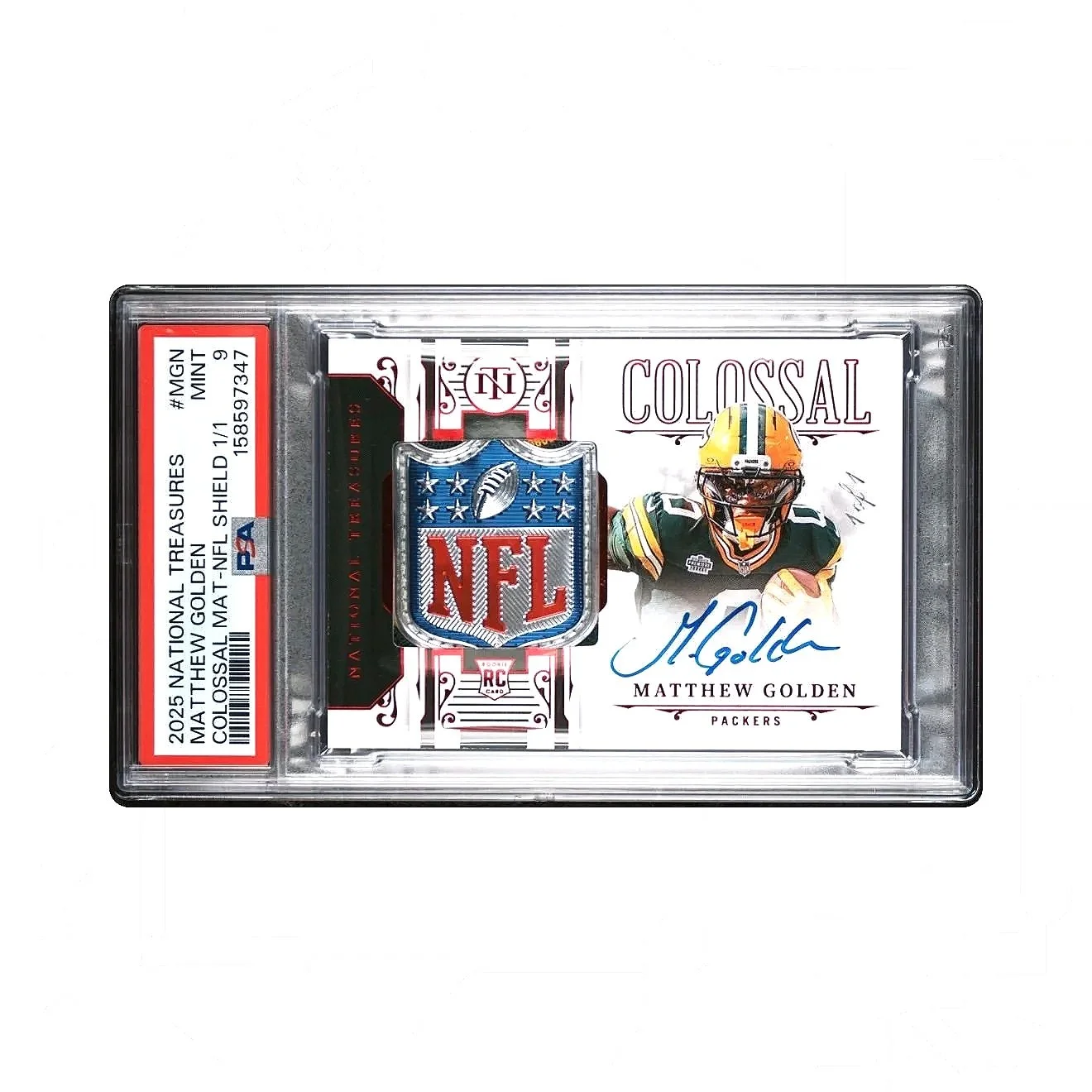 2025 National Treasures Matthew Golden Colossal Materials True NFL Shield #MGN 1/1 PSA9 - Packers Football Card Front Horizontal