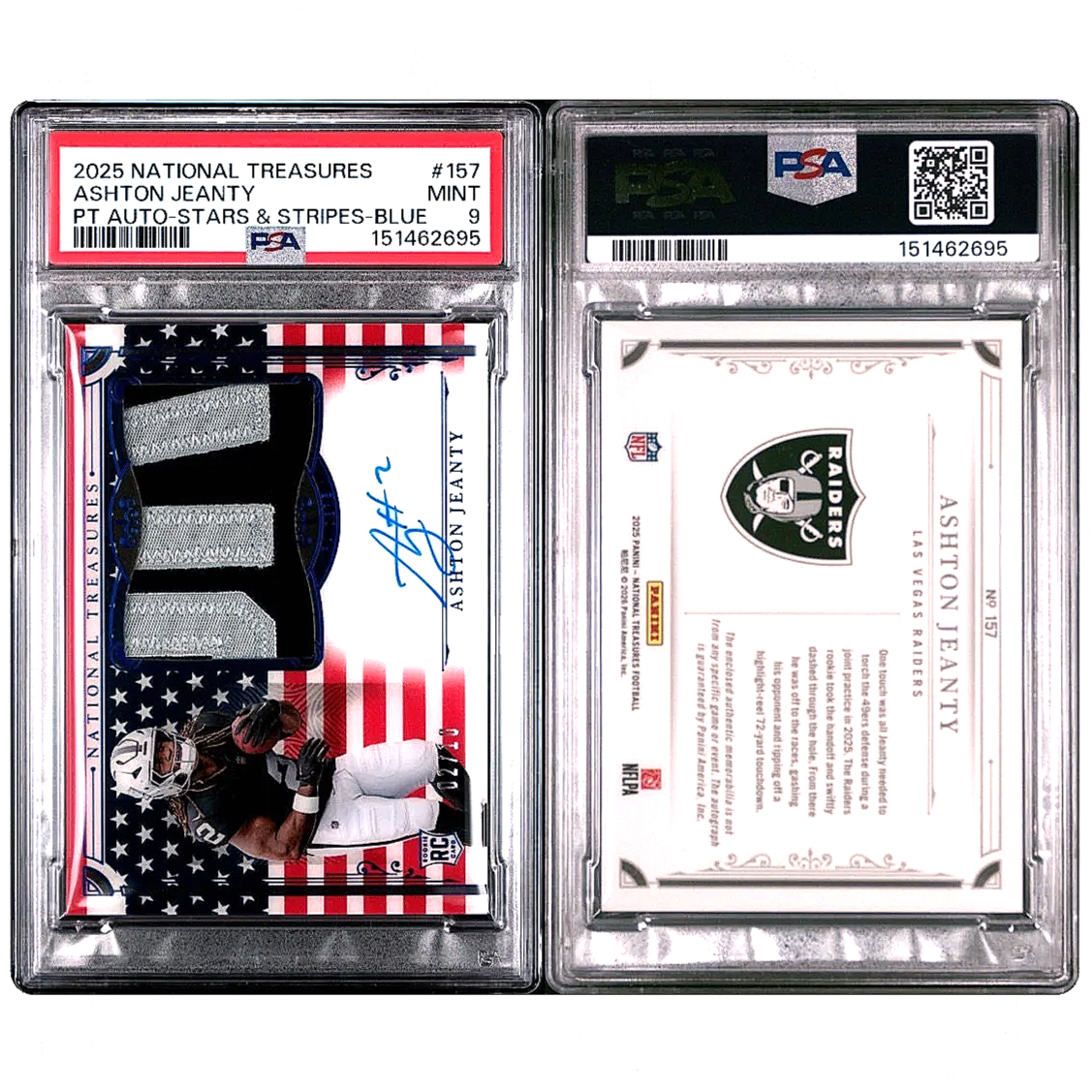 2025 Panini National Treasures Ashton Jeanty PT Auto Stars & Stripes Blue /10 #157 – PSA 9 Football Card Slab Side by Side