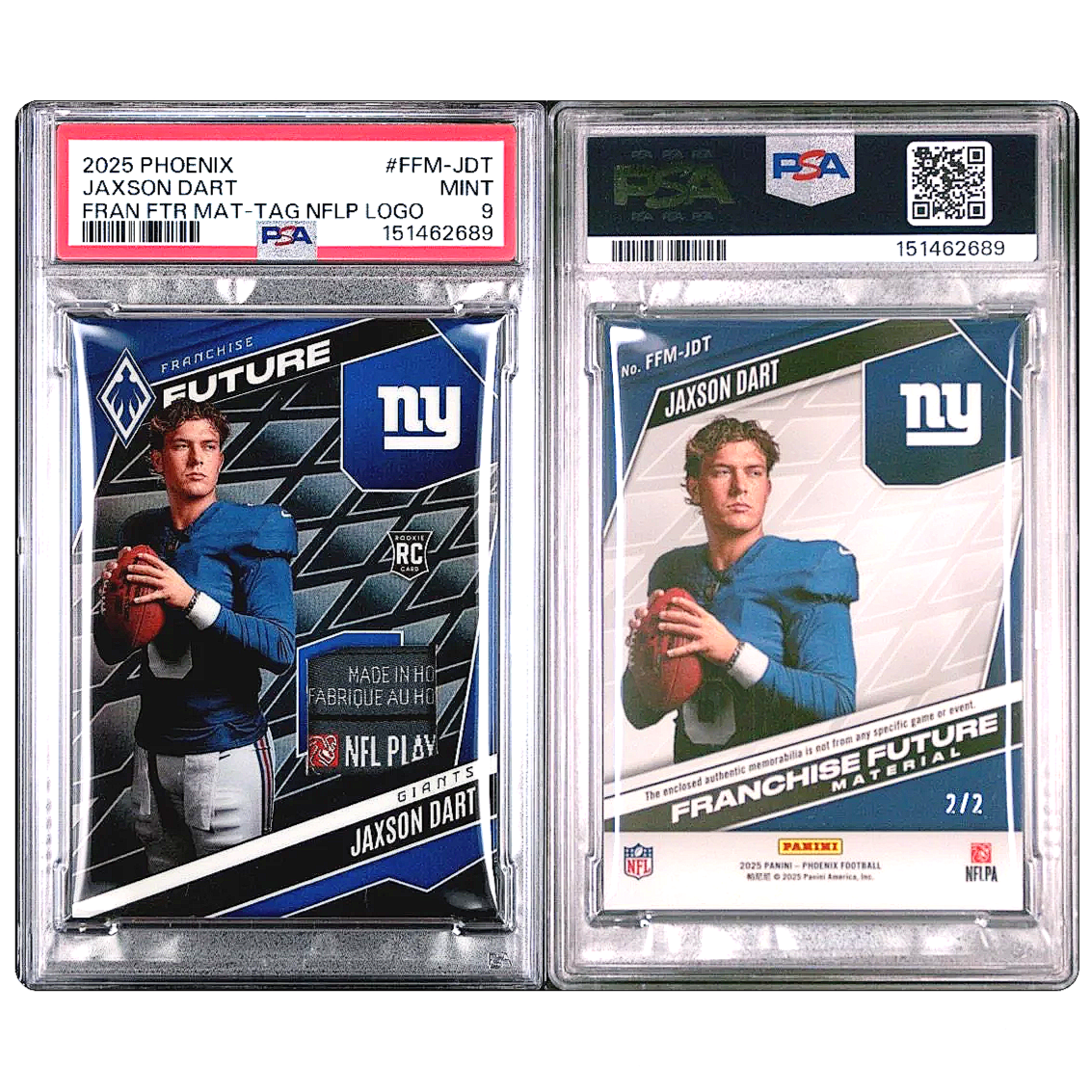 2025 Phoenix Jaxson Dart Franchise Futures Materials NFLPA Logo /2 Giants - PSA9 Football Card Side by Side