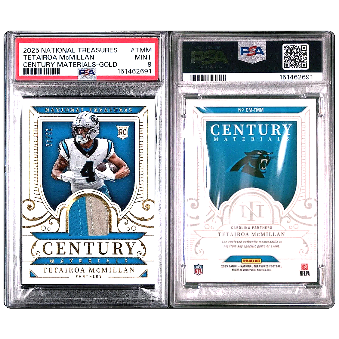2025 National Treasures Tetairoa McMillan Century Materials Gold /49 #RMAQ-THM Football Card Side by Side