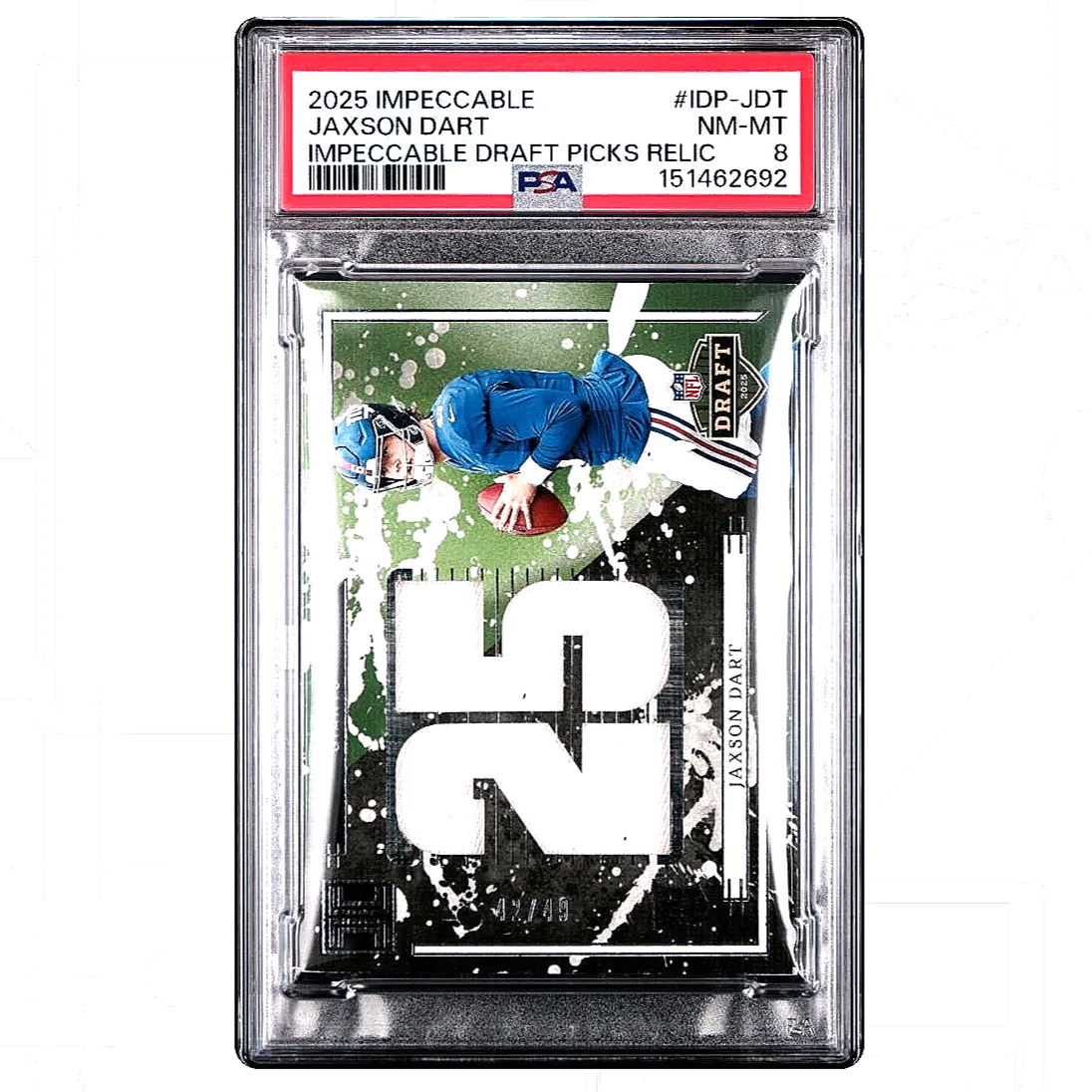 2025 Impeccable Jaxson Dart Draft Picks Relic /49 #IDP-JDT PSA8 - Giants football card slab front