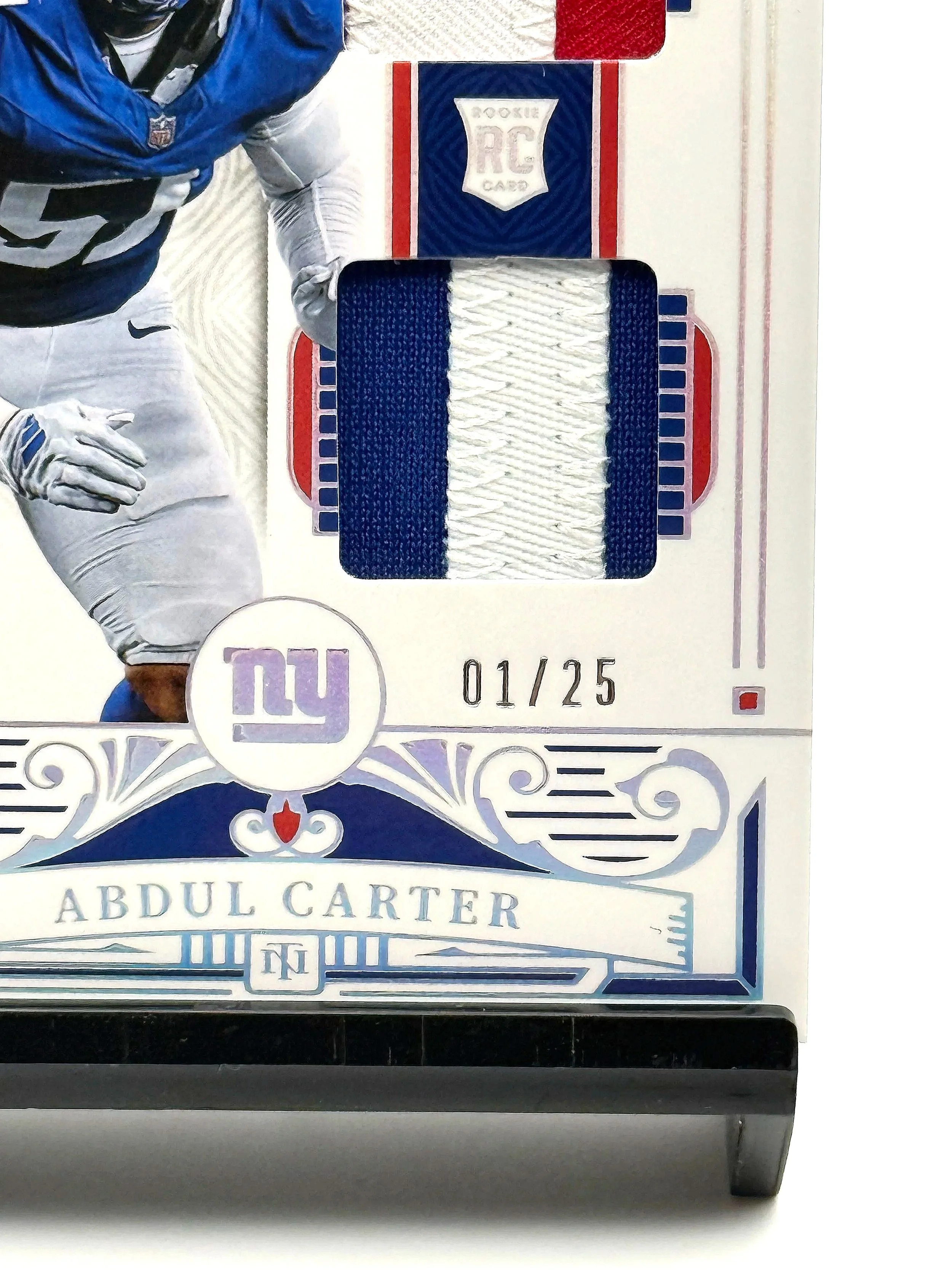 2025 National Treasures Abdul Carter Rookie Dual Patch Purple RC #/25 Giants Football Card Bottom Right Corner