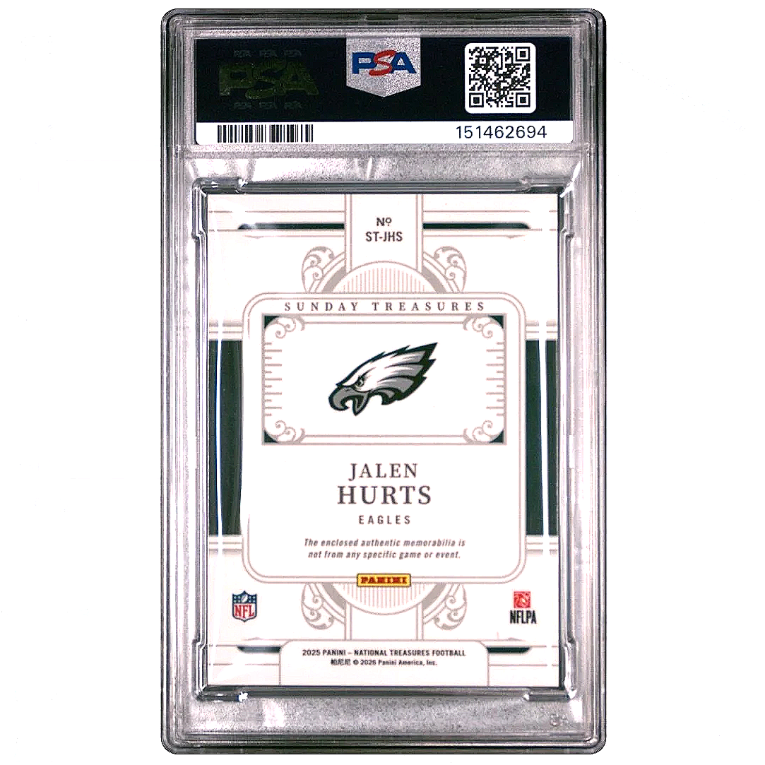 2025 National Treasures Jalen Hurts Sunday Treasures Relic Team Logo /10 PSA9 Football Card Back