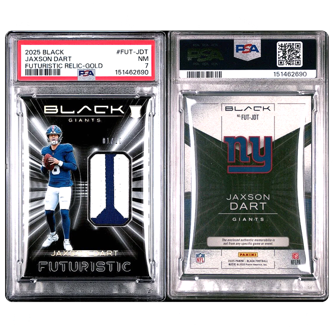2025 Black Jaxson Dart  Futuristic Relic Gold /10 NT Rookie #FUT-JDT - Giants football card side by side