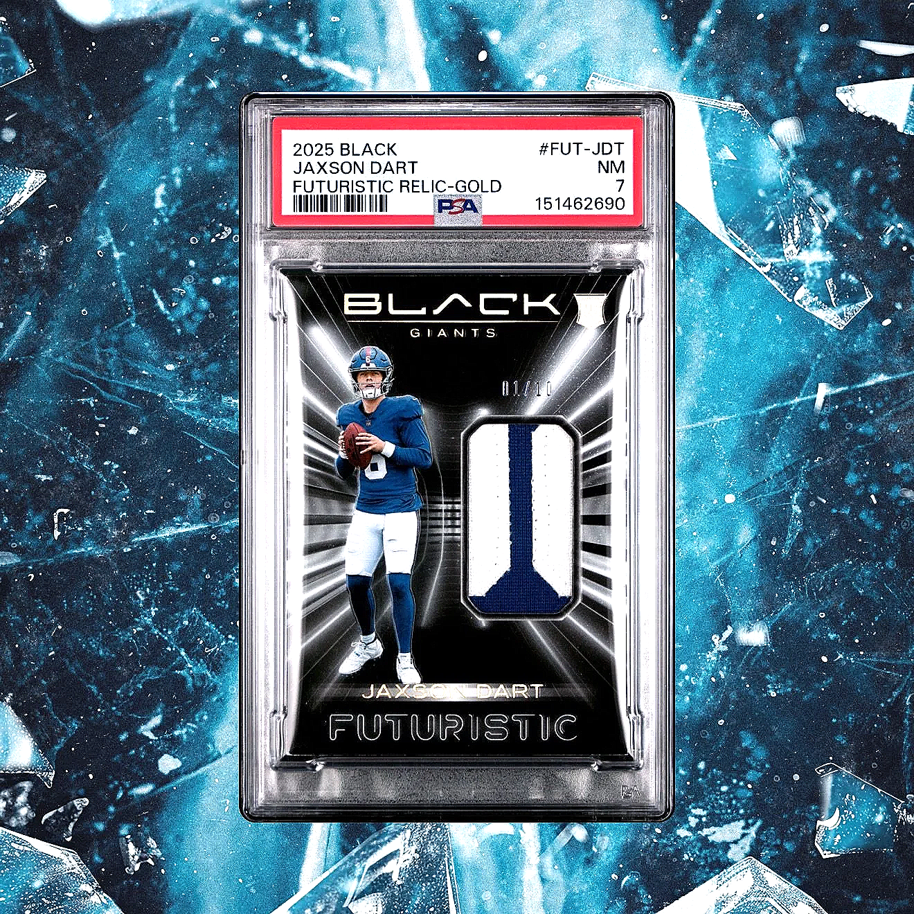 2025 Black Jaxson Dart  Futuristic Relic Gold /10 NT Rookie #FUT-JDT - Giants football card front studio