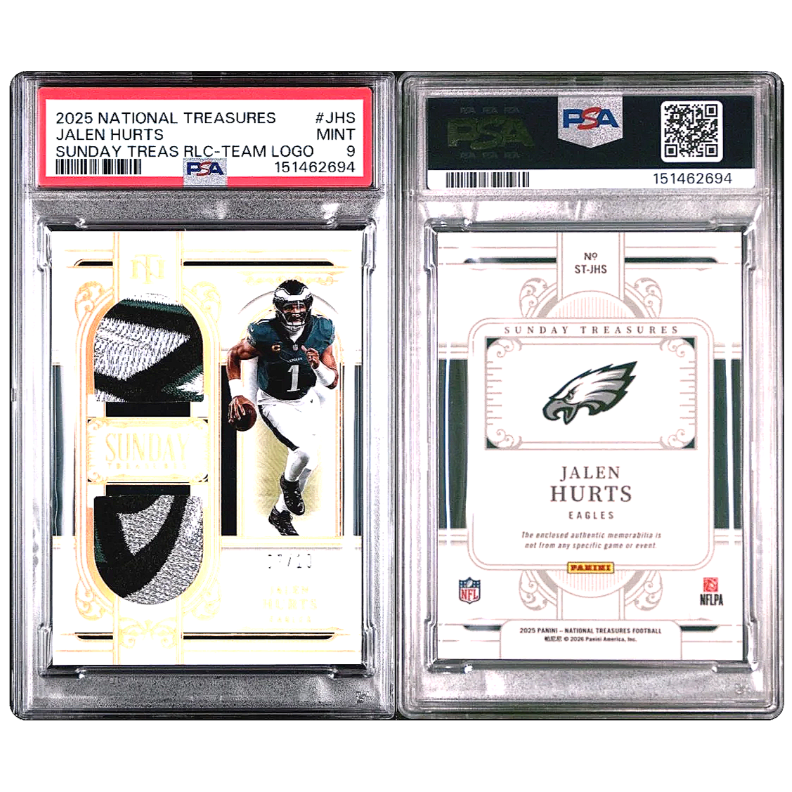 2025 National Treasures Jalen Hurts Sunday Treasures Relic Team Logo /10 PSA9 Football Card Side by Side