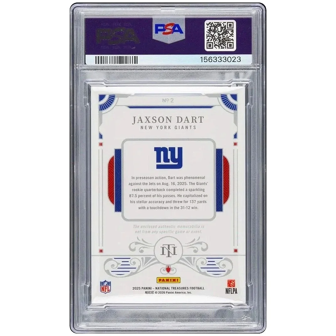 2025 Panini National Treasures Jaxson Dart Rookie Dual Materials NFL Shield Patch /5 PSA10 - Giants Football Card Back
