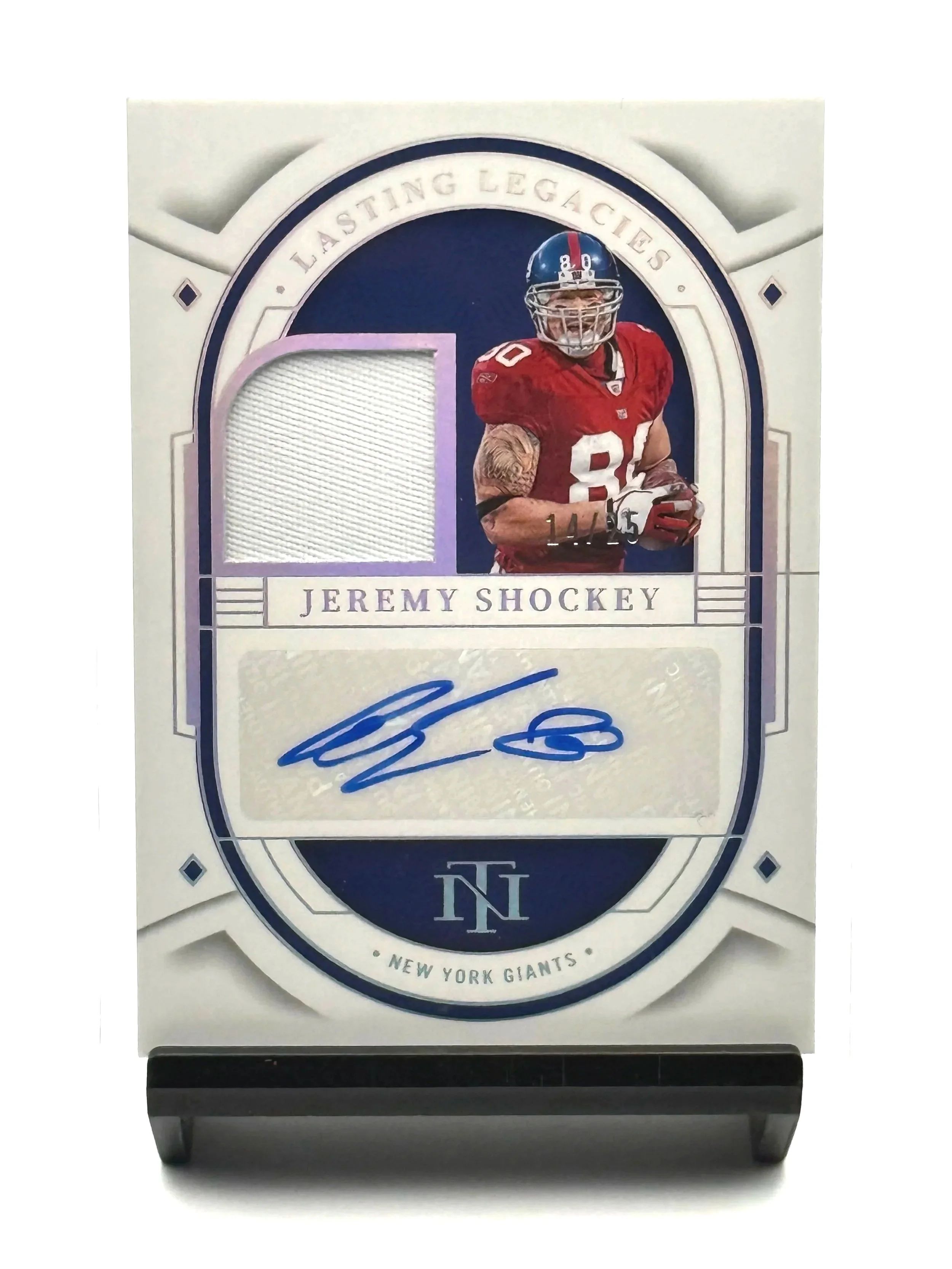 2023 Panini National Treasures Jeremy Shockey Lasting Treasures Patch Auto /25 Giants football card front