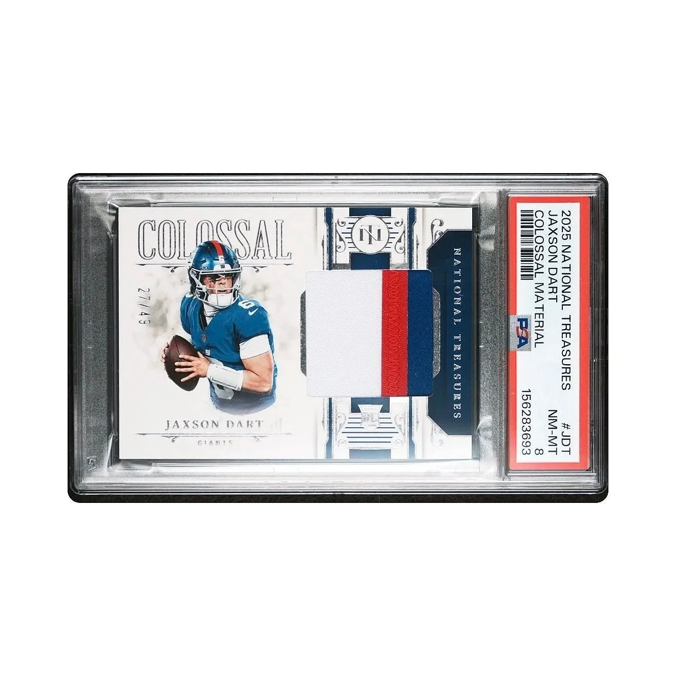 2025 Panini National Treasures Jaxson Dart Colossal Materials #JDT /49 RC PSA8 - Giants Football Card Front Horizontal