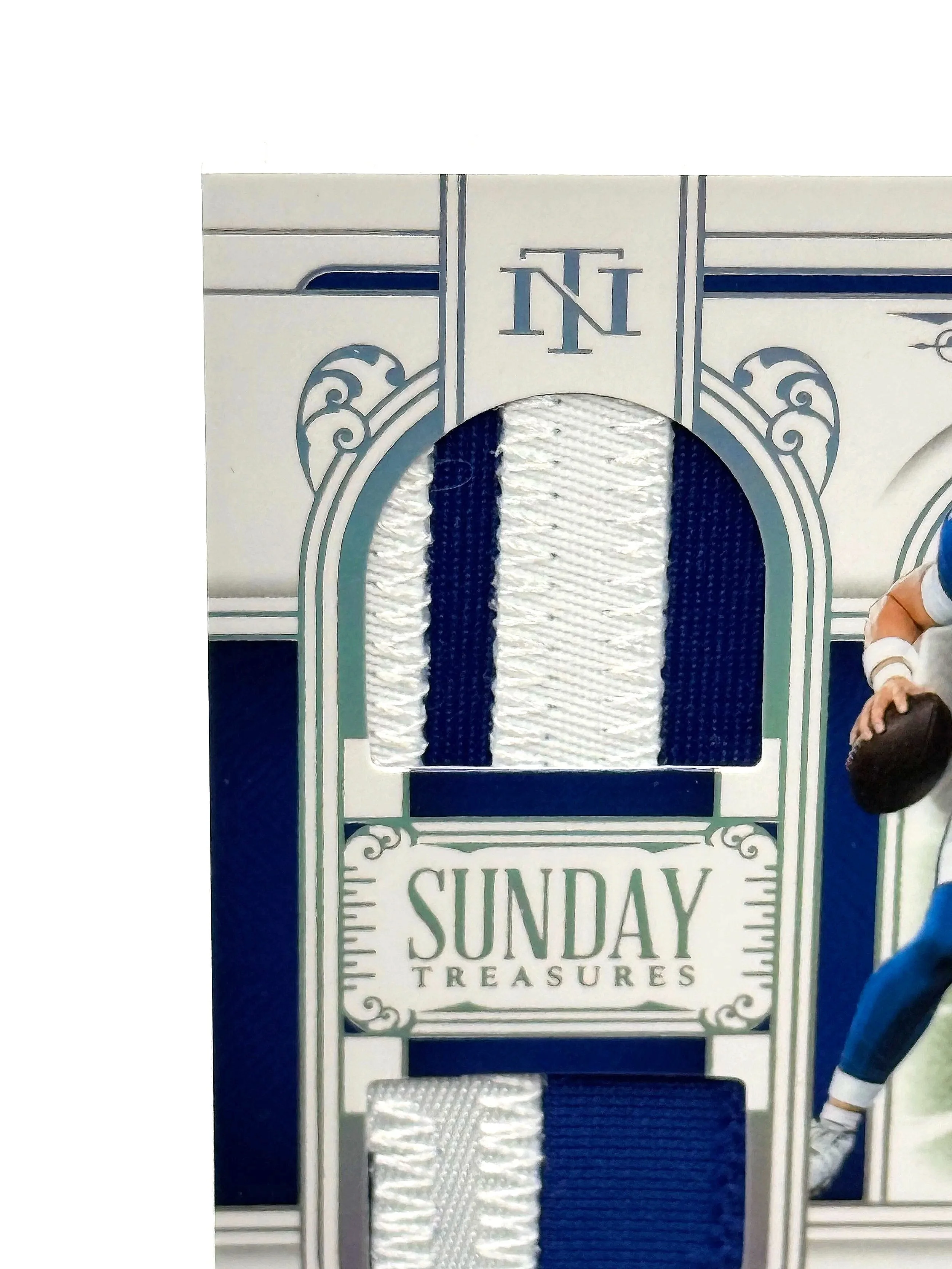 2025 National Treasures Jaxson Dart Dual Patch Holo Silver Rookie /25 Giants Football Card top Left Corner