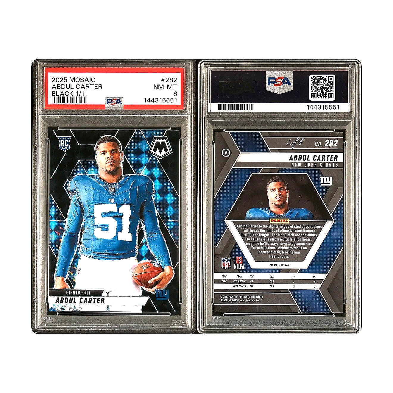 2025 Mosaic Abdul Carter Black 1/1 #282 PSA8 football card side by side