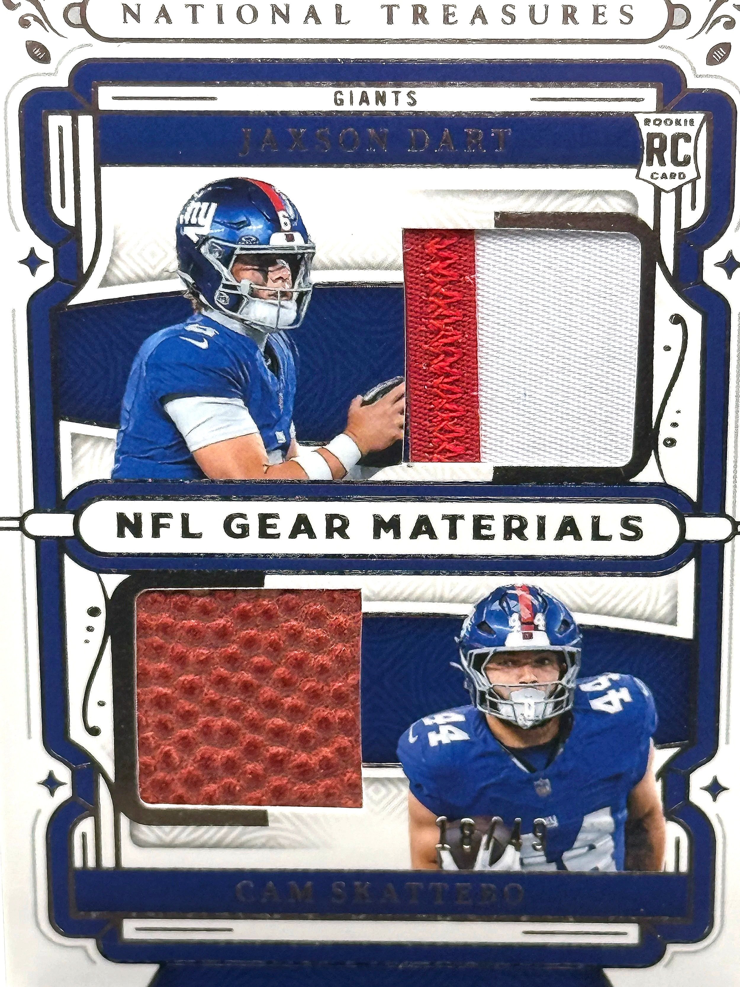 2025 National Treasures Dart / Skattebo NFL Gear Materials Dual Patch #RGCM-DS football card front detail