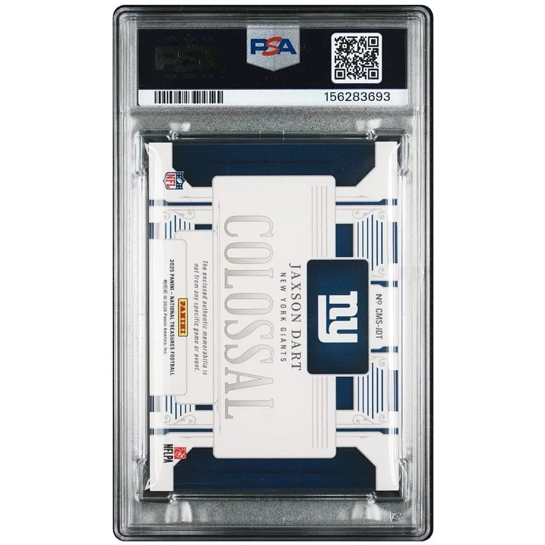 2025 Panini National Treasures Jaxson Dart Colossal Materials #JDT /49 RC PSA8 - Giants Football Card Back Vertical