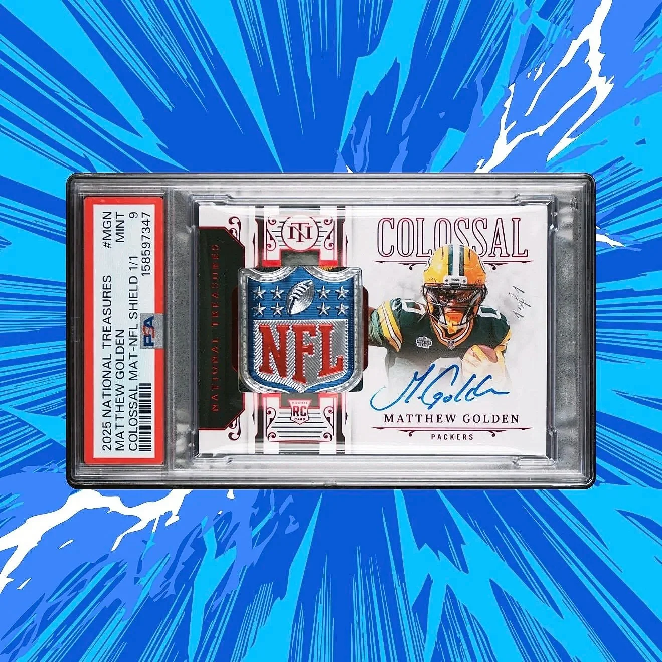 2025 National Treasures Matthew Golden Colossal Materials True NFL Shield #MGN 1/1 PSA9 - Packers Football Card Front Horizontal Variation