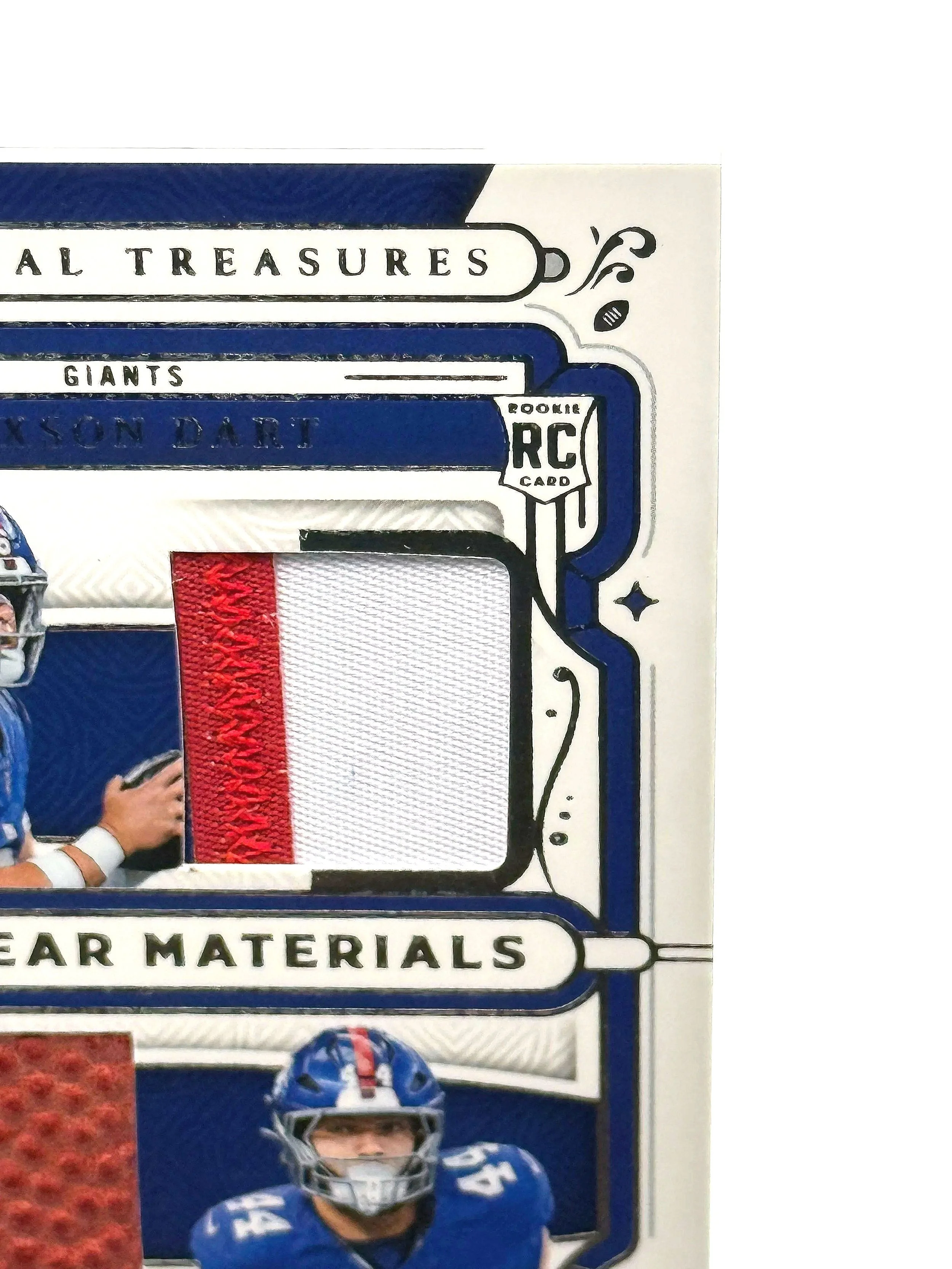 2025 National Treasures Dart / Skattebo NFL Gear Materials Dual Patch #RGCM-DS football card top right corner
