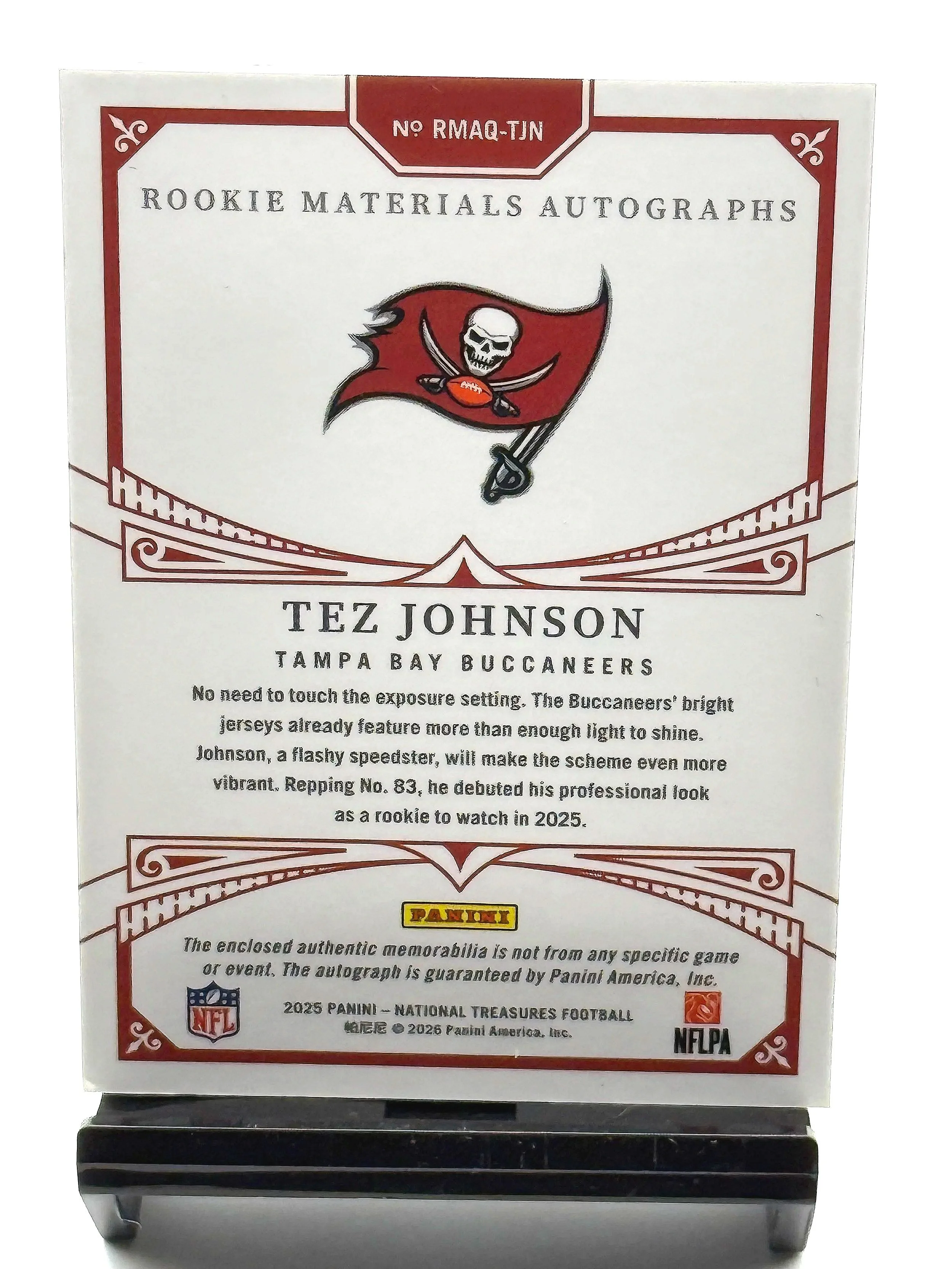 2025 Panini National Treasures – Tez Johnson Rookie Materials Auto Quad Patch #RMAQ-TJN football card back