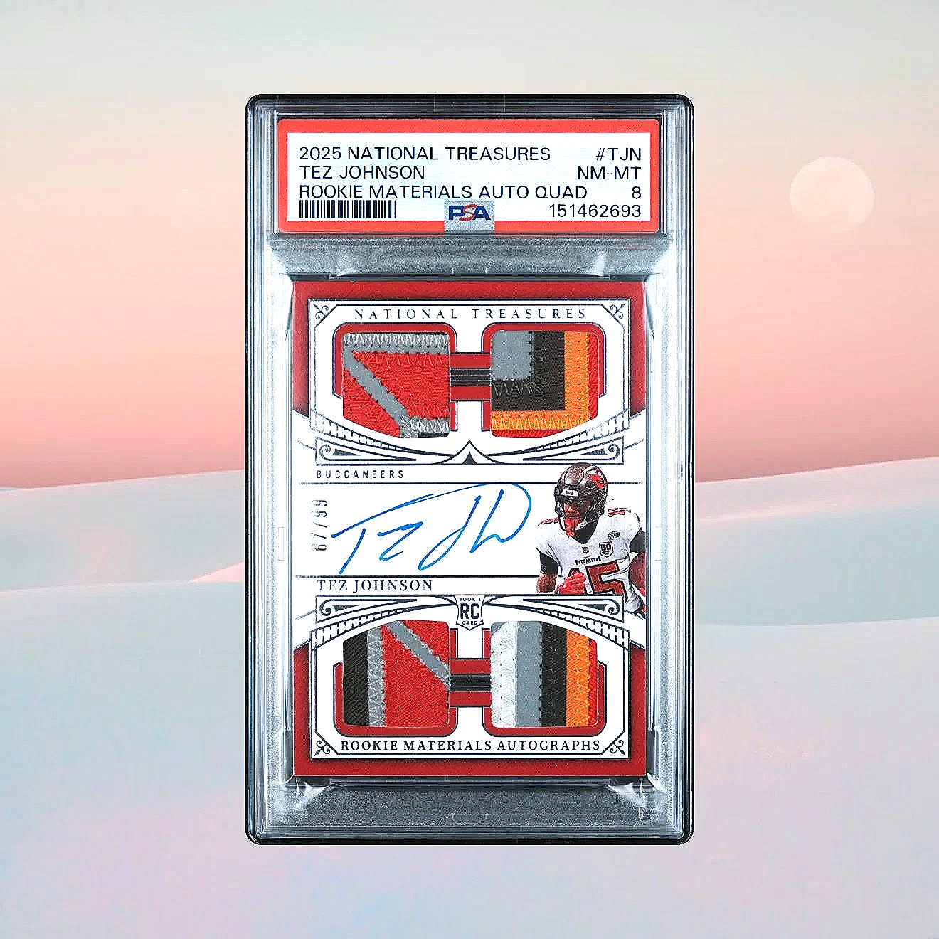 2025 National Treasures Tez Johnson Rookie Materials Auto Quad /99 RMAQ-TZN PSA9 Football Card Slab Front Studio