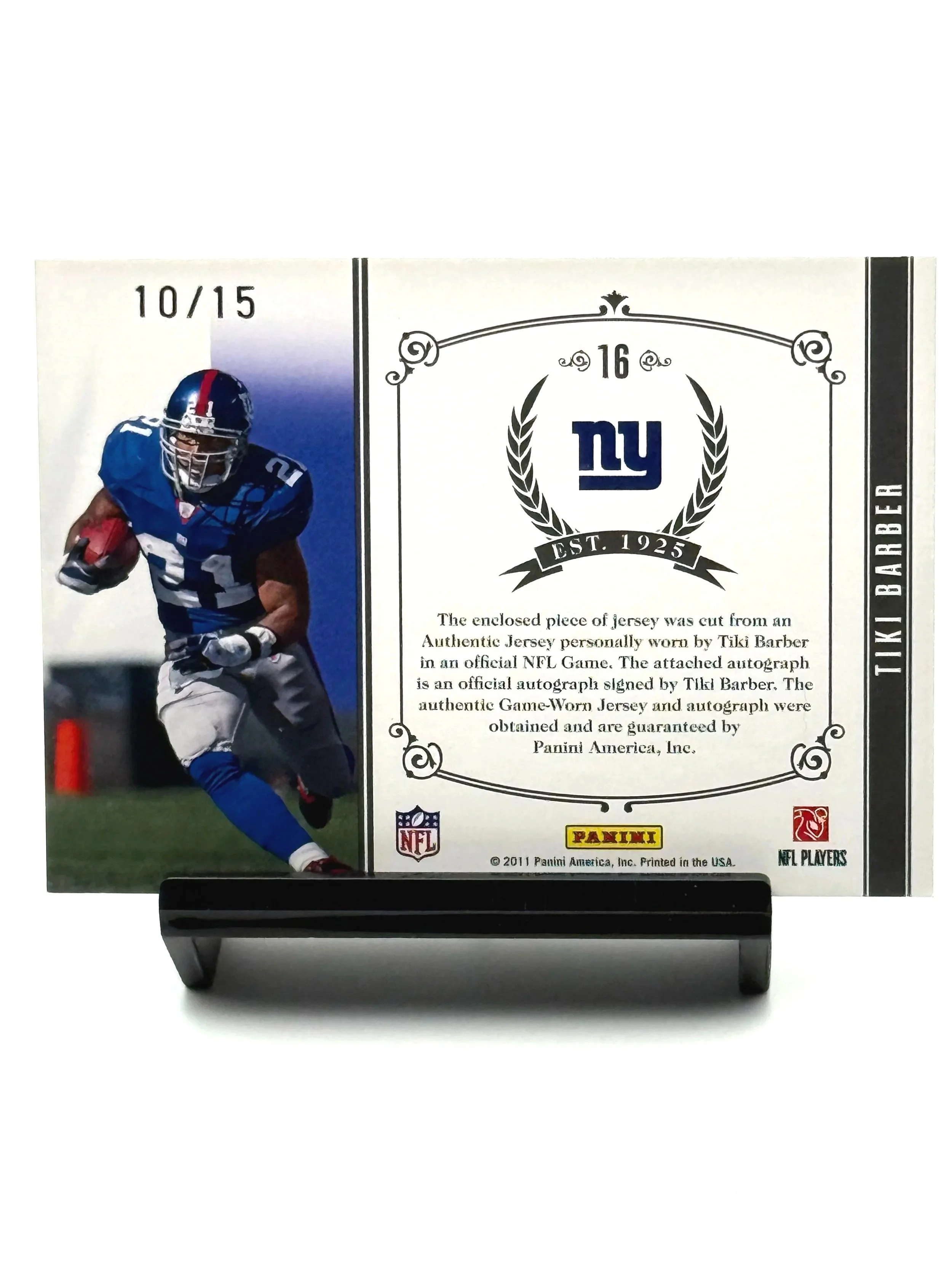 2011 Panini National Treasures Tiki Barber Prime Patch Auto /15 football card back