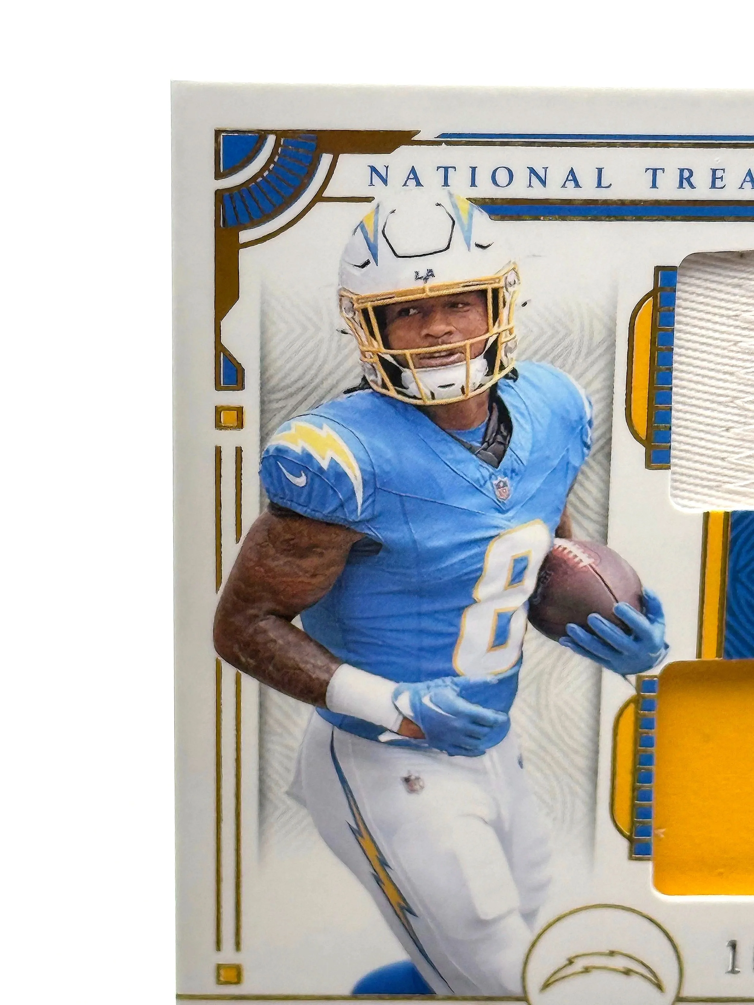 2025 National Treasures Omarion Hampton Dual Patch Rookie /35 NT RC #9 Chargers football card top left corner
