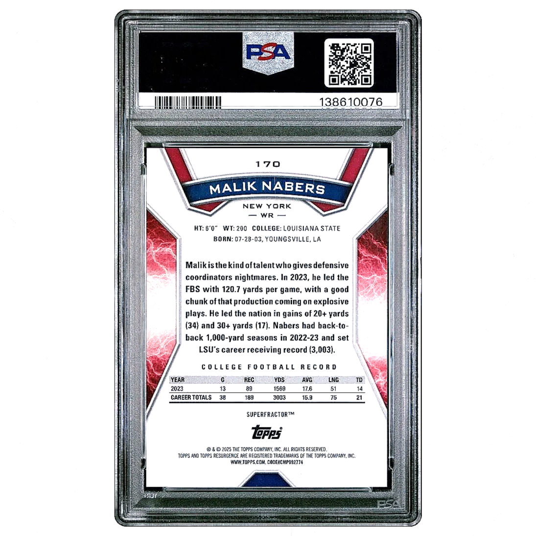 2024 Topps Resurgence Malik Nabers Superfractor 1/1 Rookie PSA9 - Giants football card back