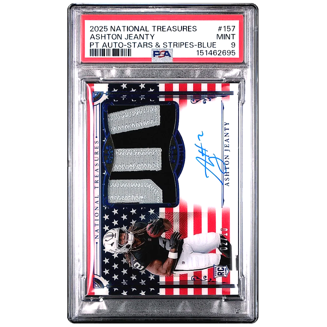 2025 Panini National Treasures Ashton Jeanty PT Auto Stars & Stripes Blue /10 #157 – PSA 9 Football Card Slab Front