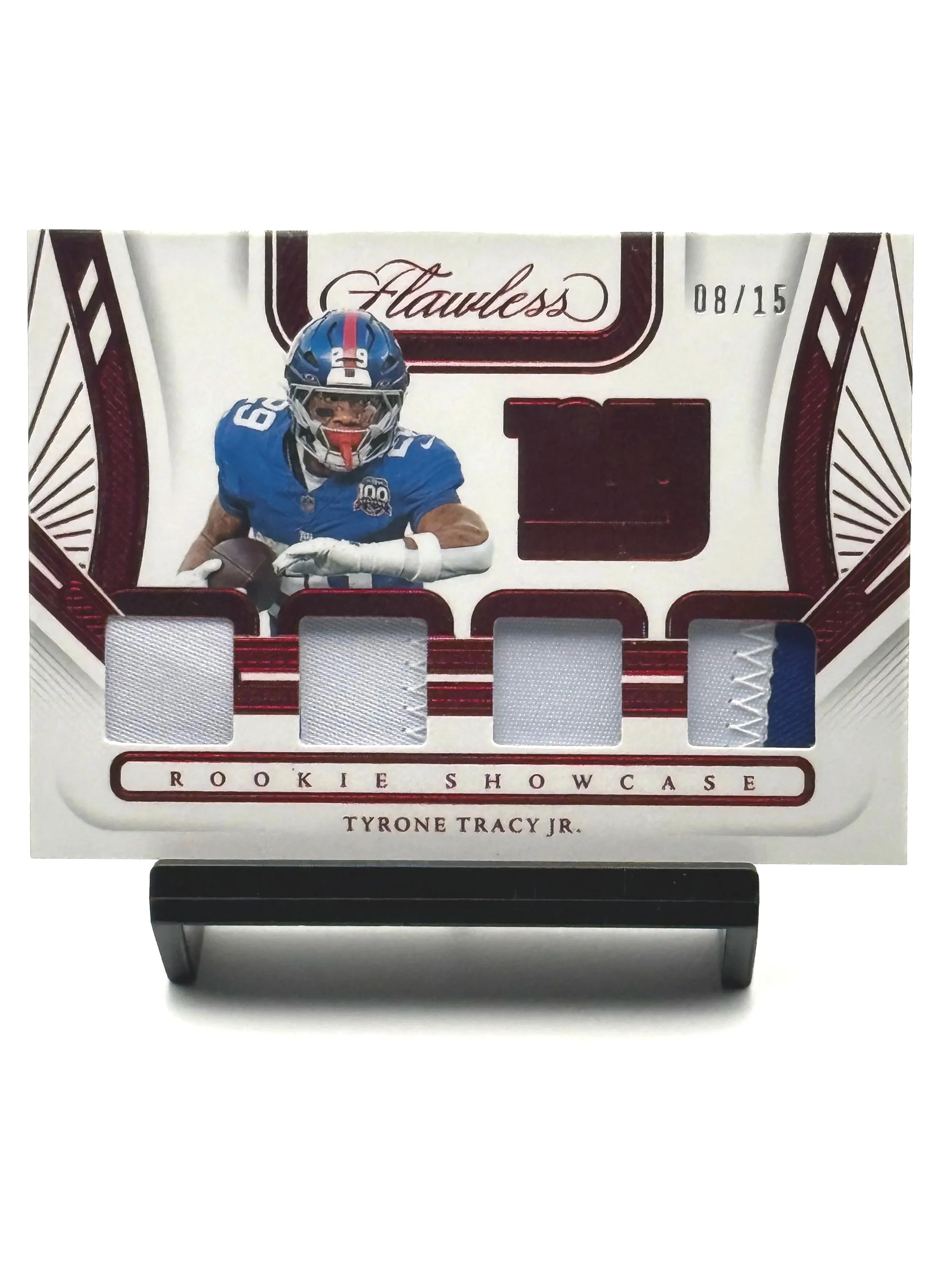 2024 Panini Flawless Tyrone Tracy Jr Rookie Showcase Quad Patches Ruby /15 rookie football card front