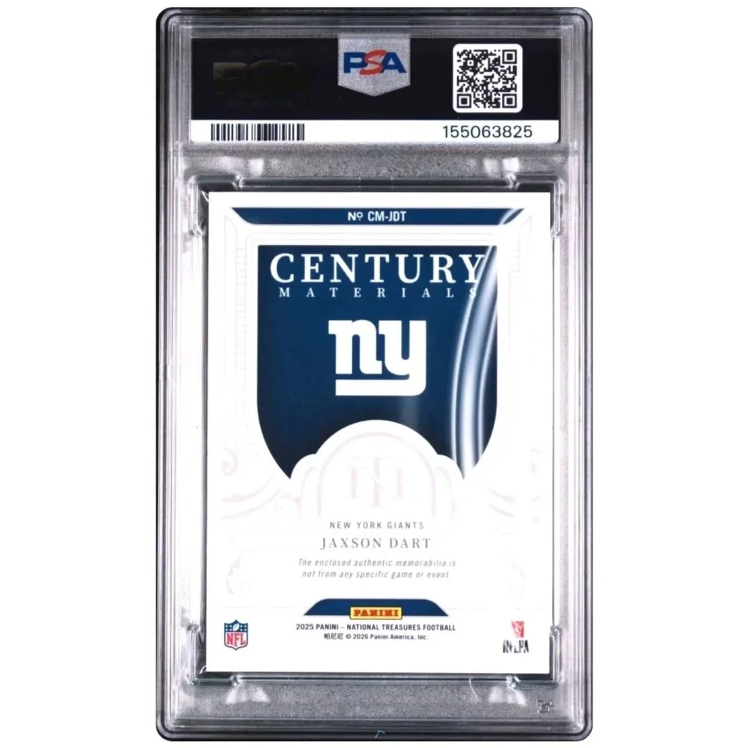 2025 National Treasures Jaxson Dart Century Materials NFL Shield patch /5 PSA8 Football Card Back