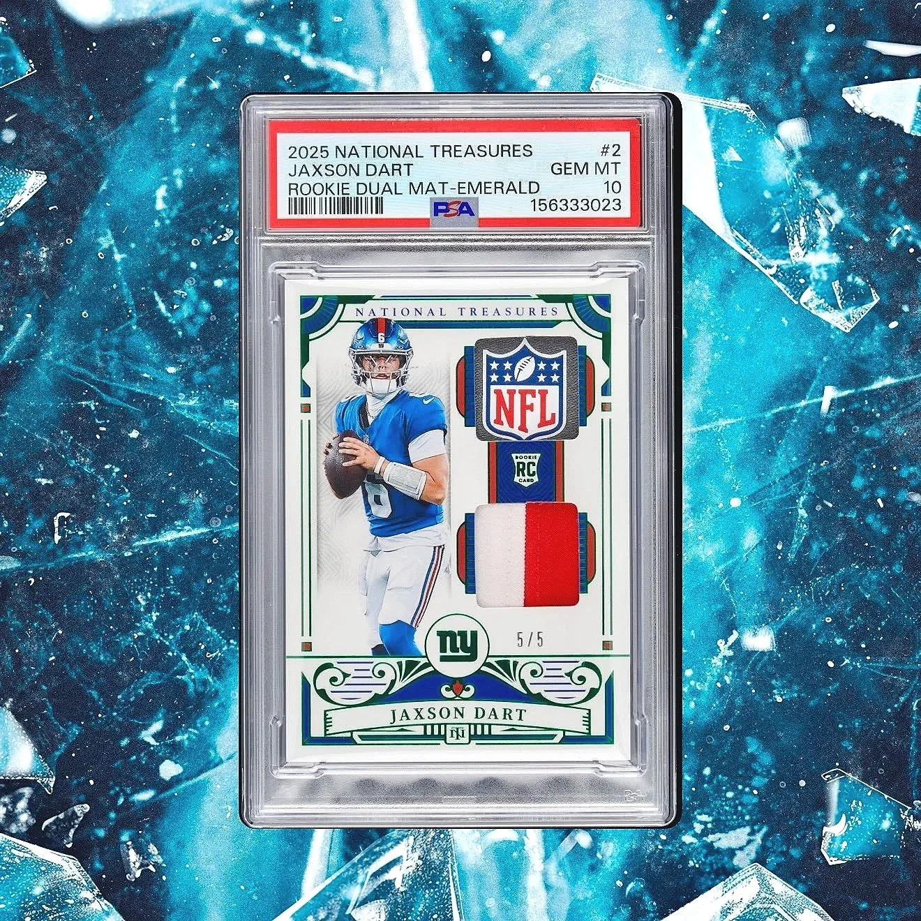 2025 Panini National Treasures Jaxson Dart Rookie Dual Materials NFL Shield Patch /5 PSA10 - Giants Foorball Card Front Variation