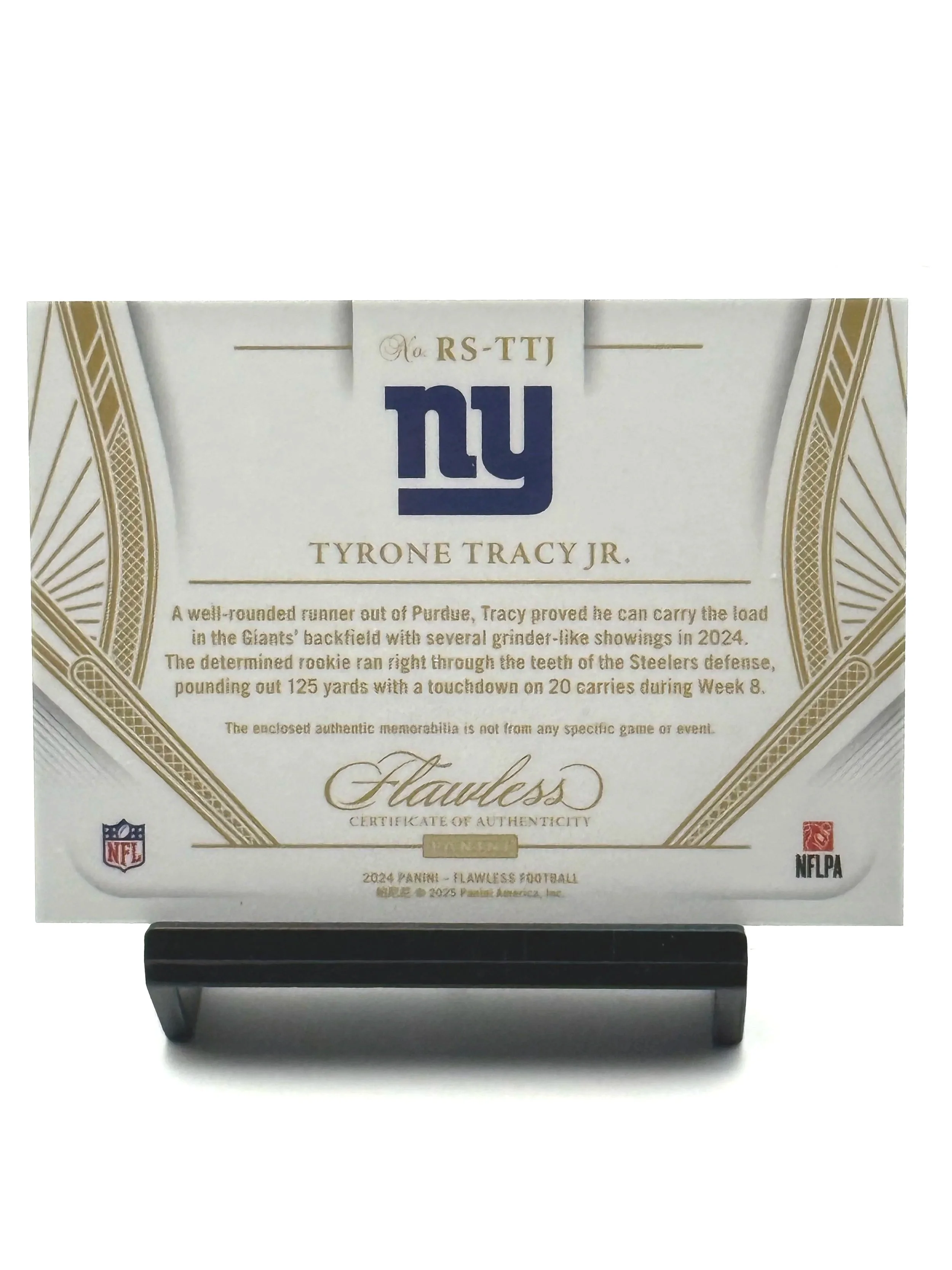 2024 Panini Flawless Tyrone Tracy Jr Rookie Showcase Quad Patches Ruby /15 rookie football card back