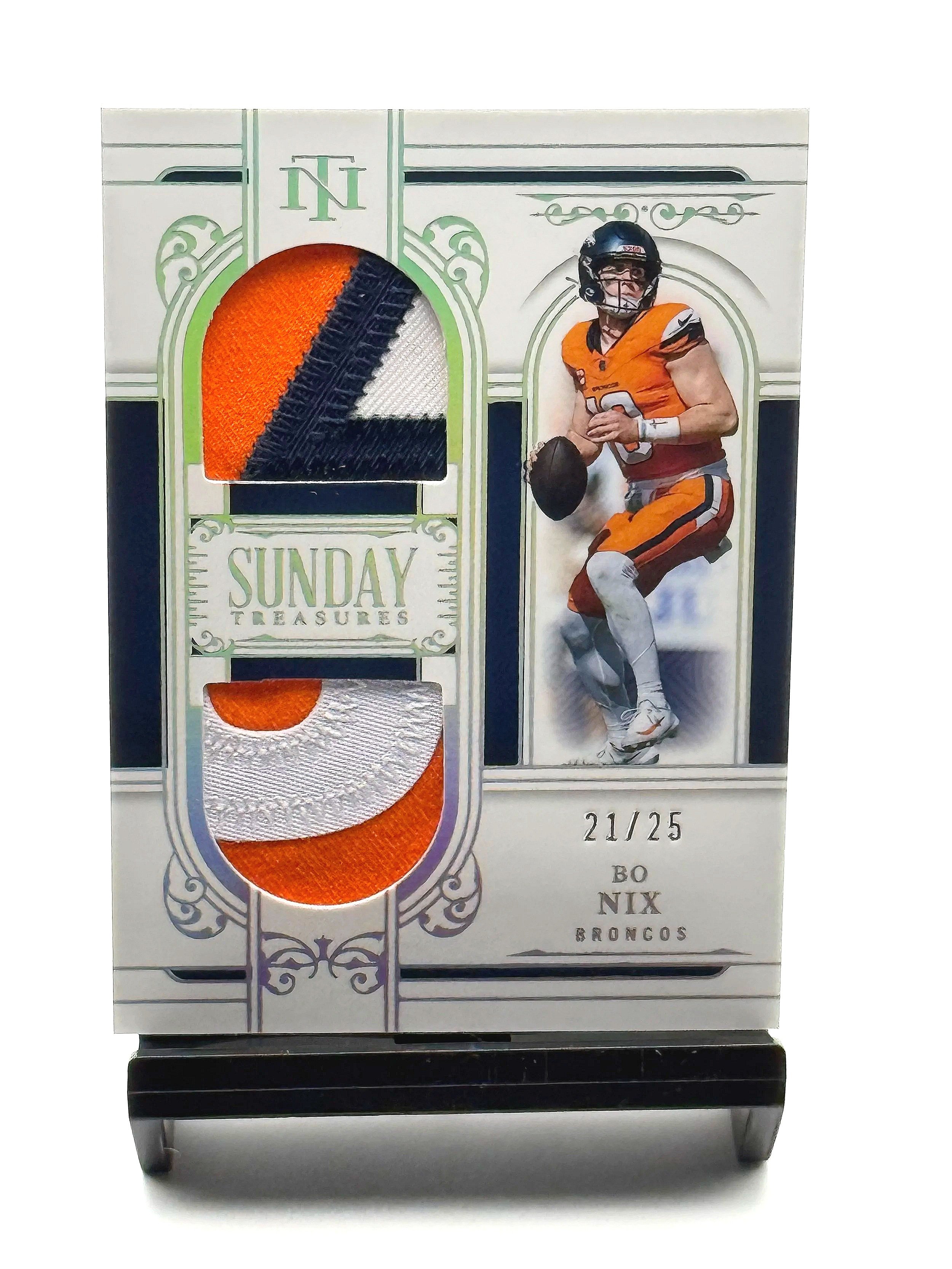 2025 National Treasures Bo Nix Sunday Treasures Dual Patch /25 #ST-BNX Broncos Football Card Front