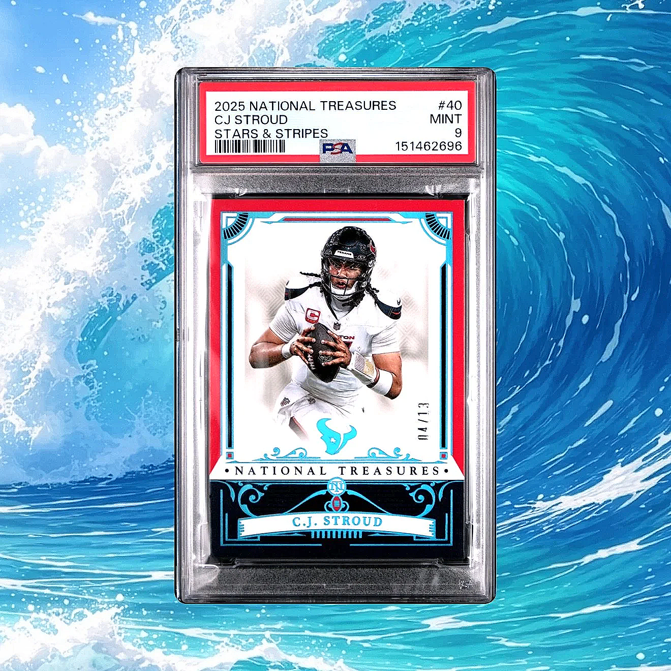 2025 National Treasures CJ Stroud Stars & Stripes Card - PSA 9 Football Card Slab Front Studio