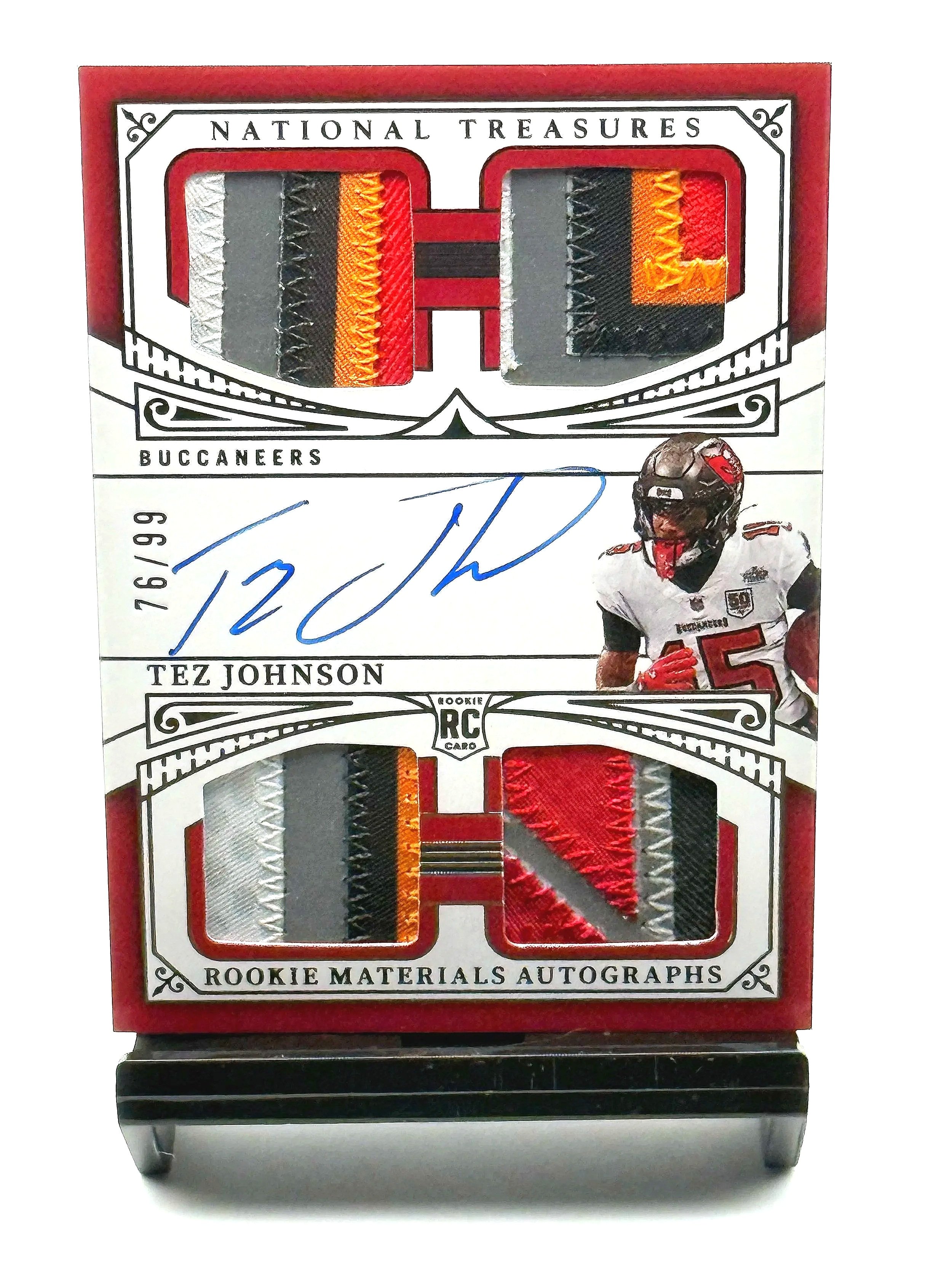 2025 Panini National Treasures – Tez Johnson Rookie Materials Auto Quad Patch #RMAQ-TJN