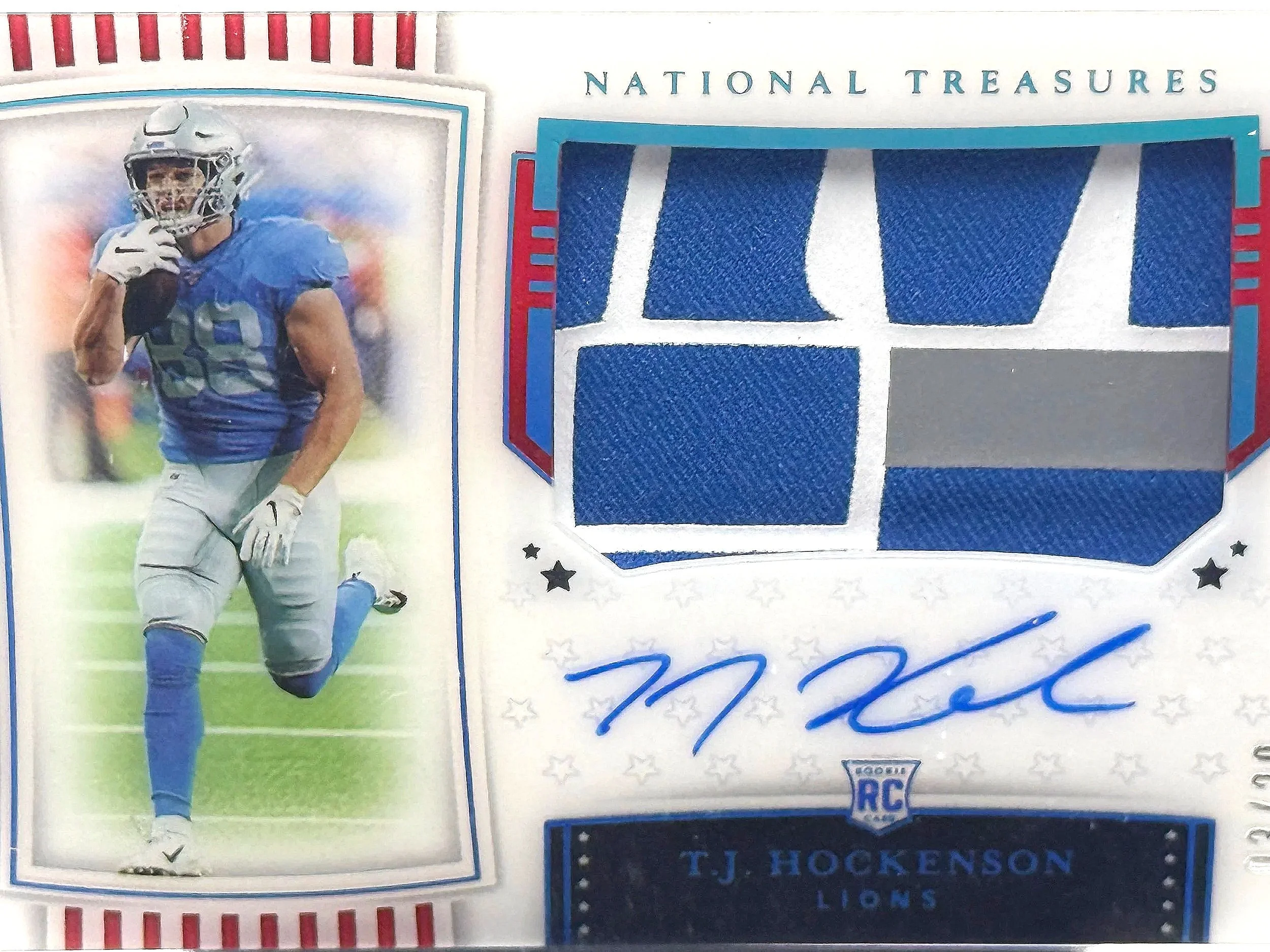 2020 National Treasures TJ Hockenson Stars & Stripes RPA /20 #179 Lions football card front detail