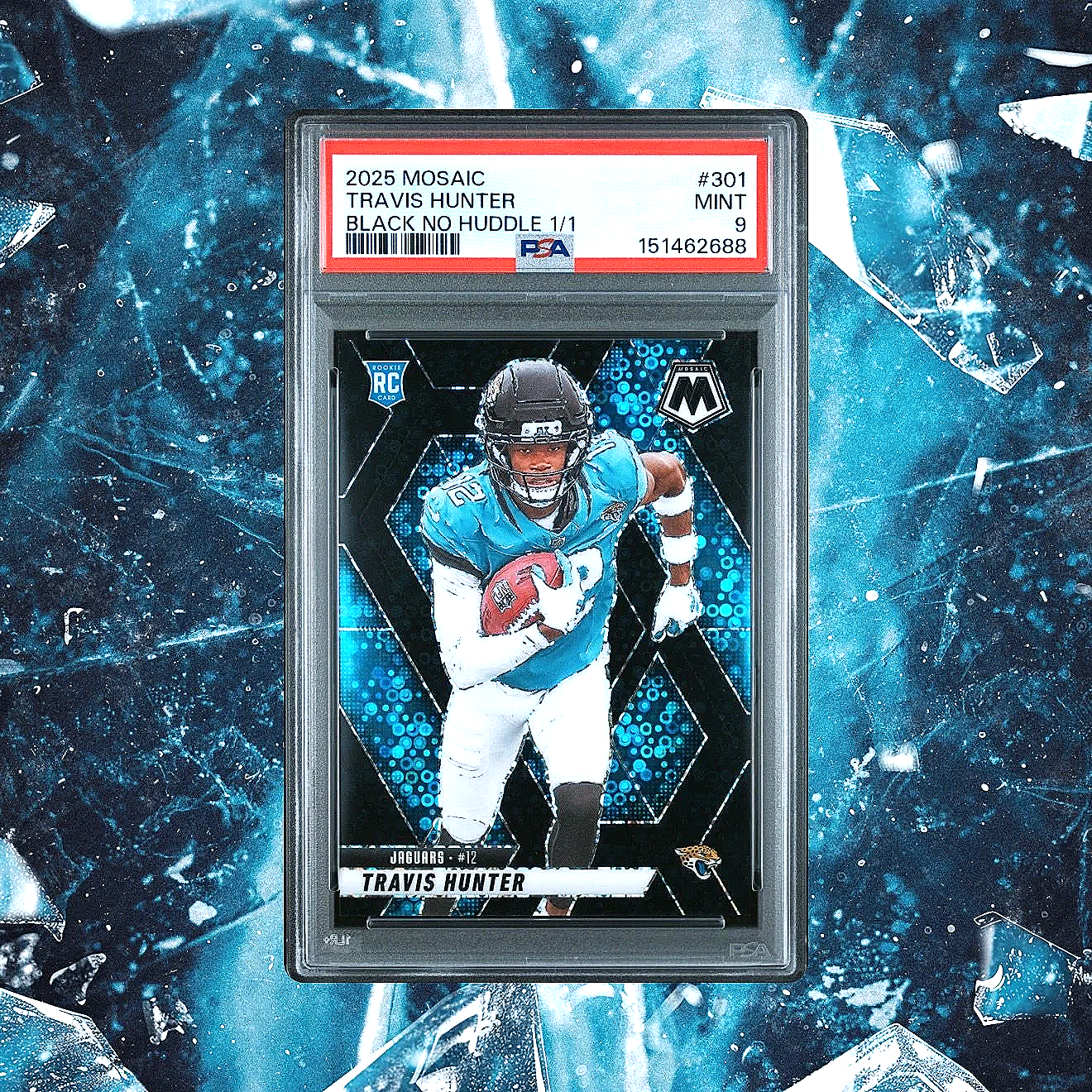 2025 Mosaic Travis Hunter Black No Huddle Rookie 1/1 #301 PSA9 - Jaguars Football Card Slab Front Studio
