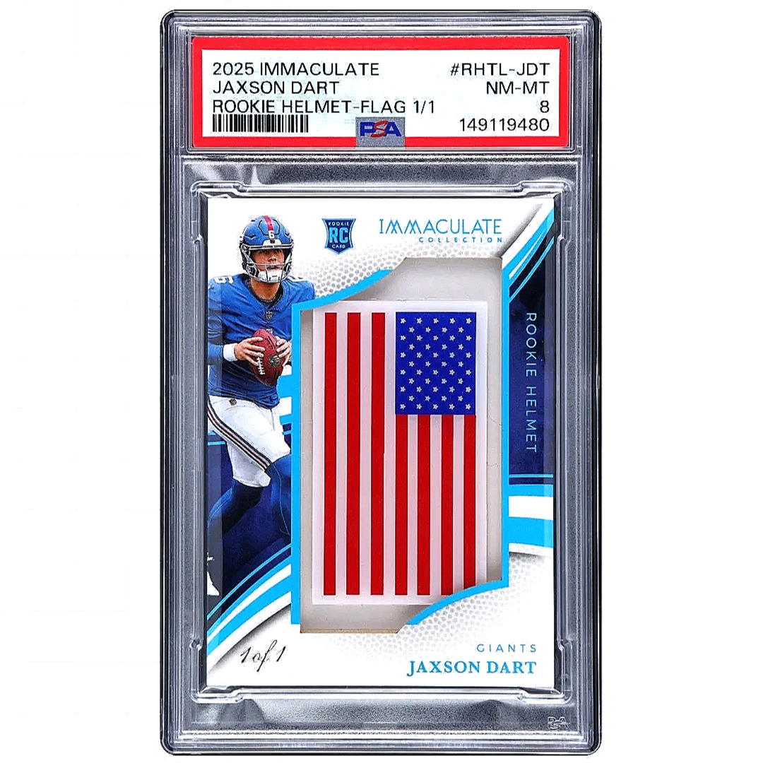 2025 Immaculate Jaxson Dart Rookie Helmet Flag 1/1 #RHTL-JDT PSA8 - Giants