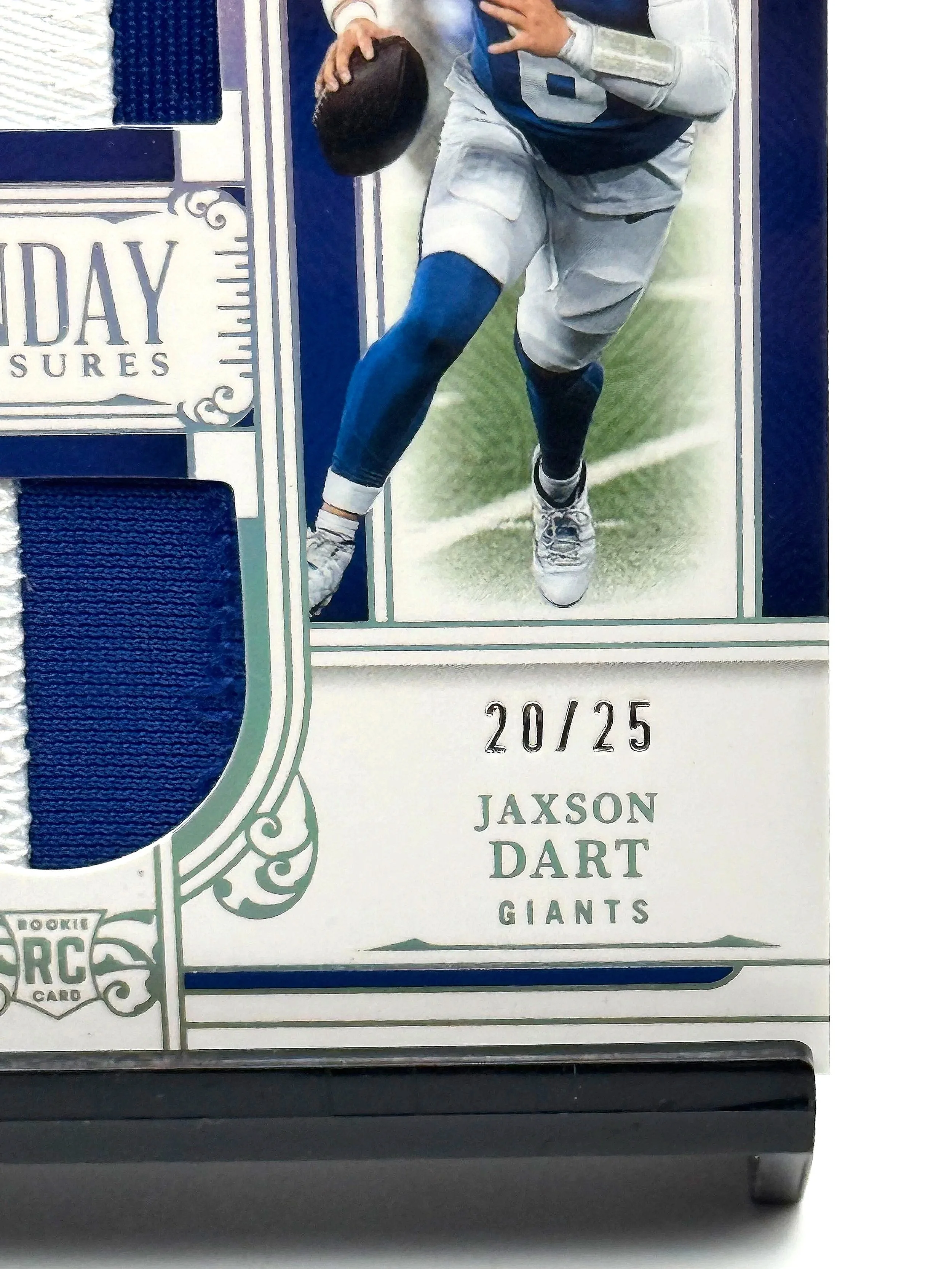 2025 National Treasures Jaxson Dart Dual Patch Holo Silver Rookie /25 Giants Football Card Bottom Right Corner