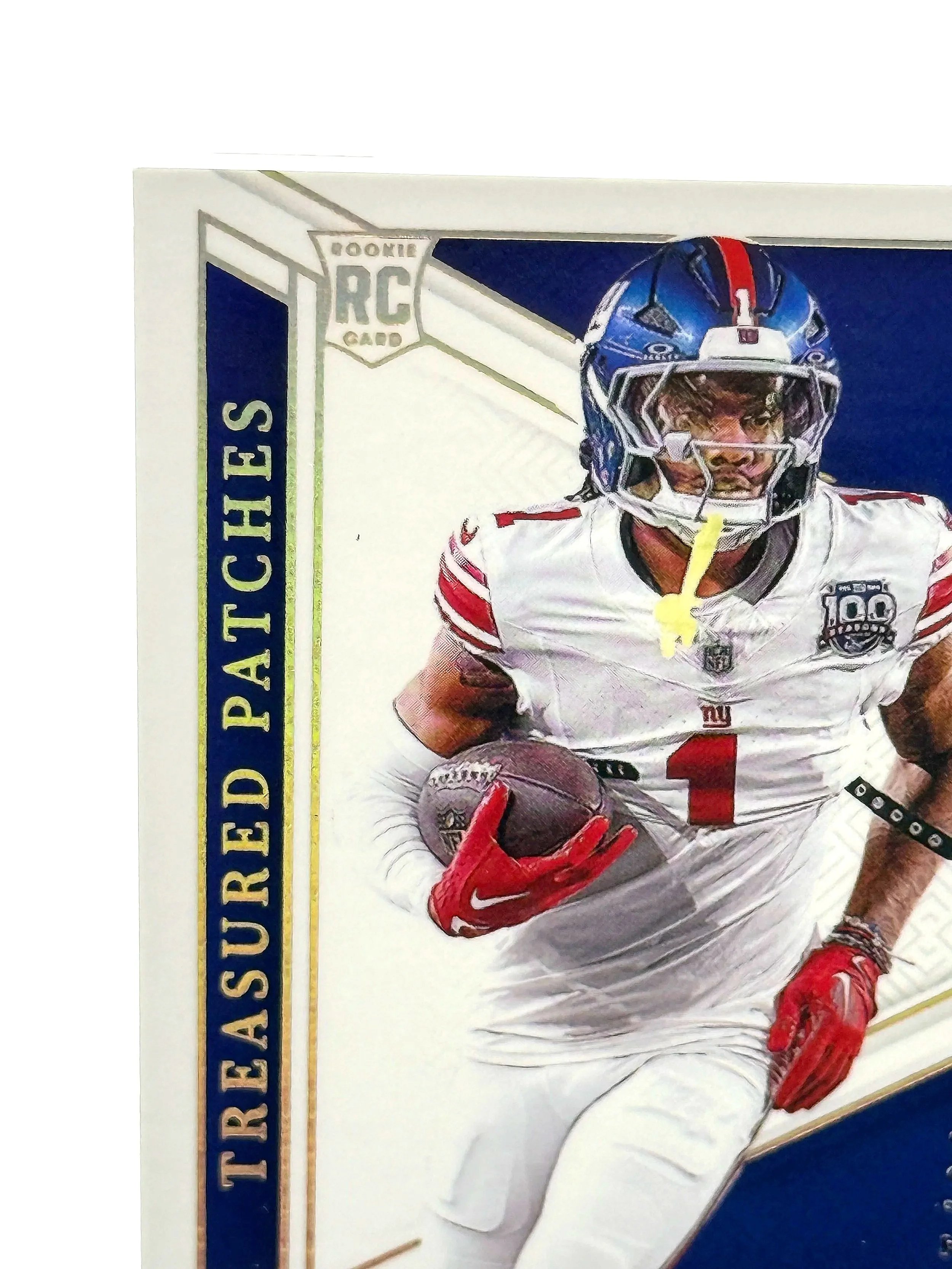 2024 National Treasures Malik Nabers Gold Rookie /10 3-Color Patch TP-MNS Giants Football Card Top Left Corner