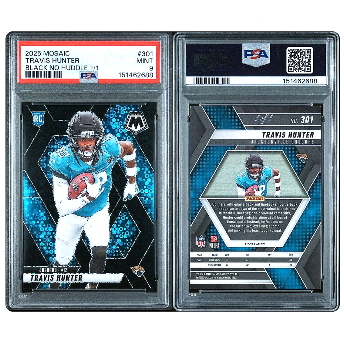 2025 Mosaic Travis Hunter Black No Huddle Rookie 1/1 #301 PSA9 - Jaguars Football Card Slab Side by Side