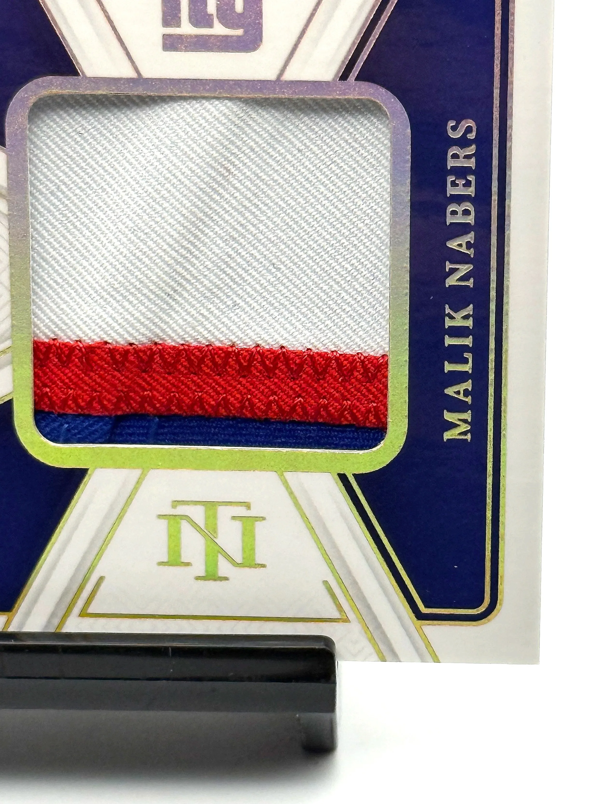 2024 National Treasures Malik Nabers Gold Rookie /10 3-Color Patch TP-MNS Giants Football Card Bottom Right Corner