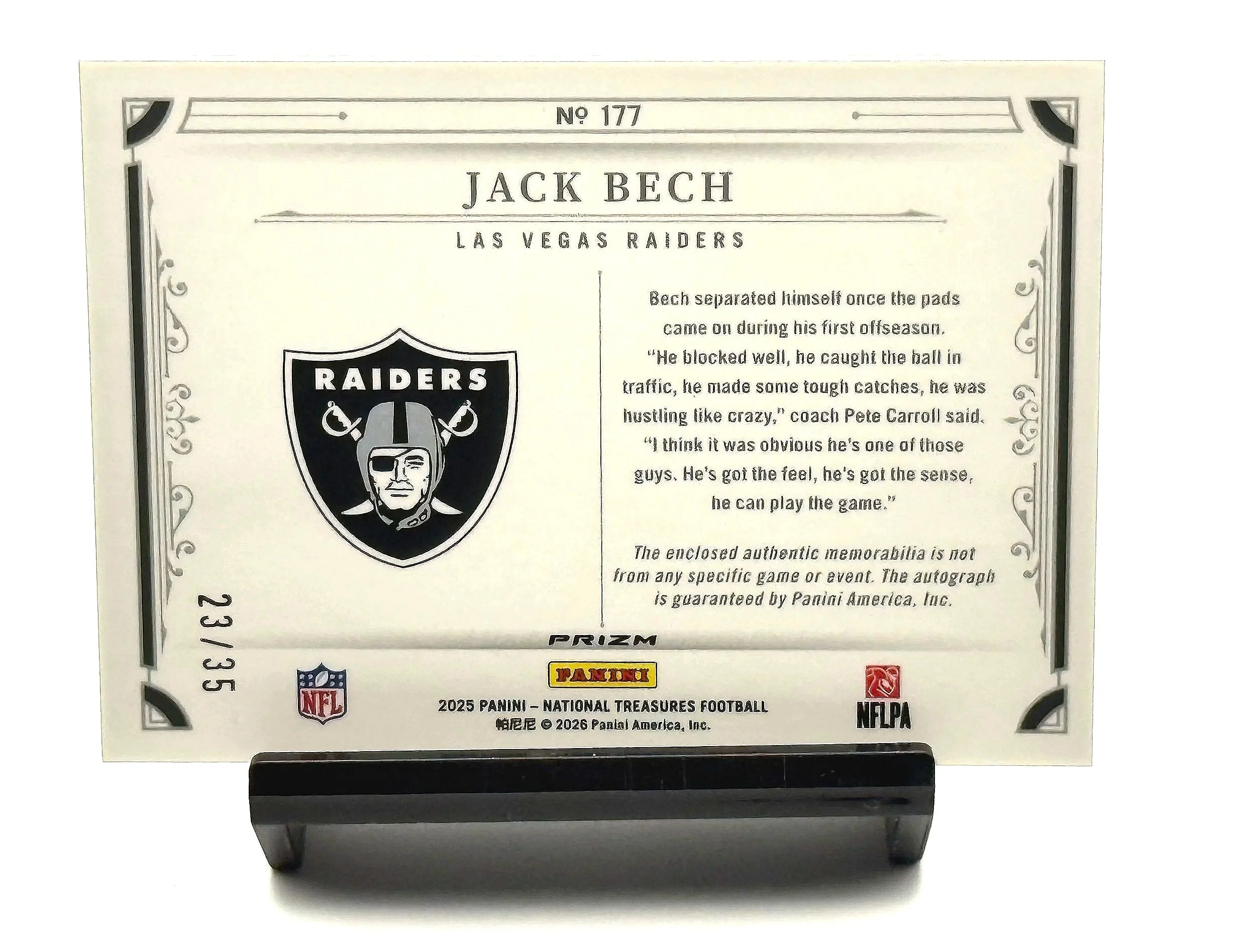 2025 National Treasures Jack Beck Prizm Rookie Patch Auto RPA /35 #177 - Raiders Football Card Back