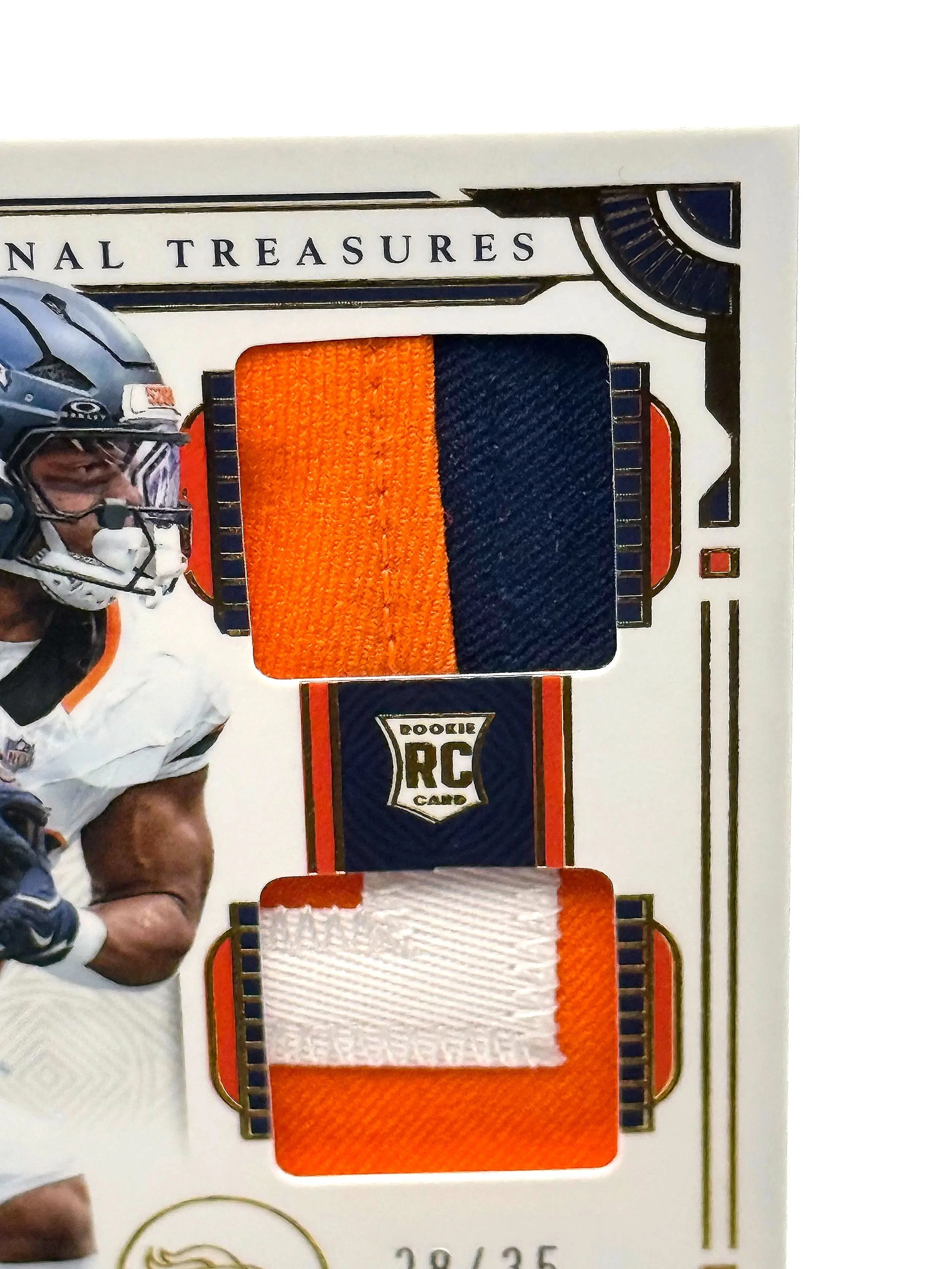 2025 National Treasures RJ Harvey Dual Patch Rookie /35 NT RP #13 Broncos football card top right corner