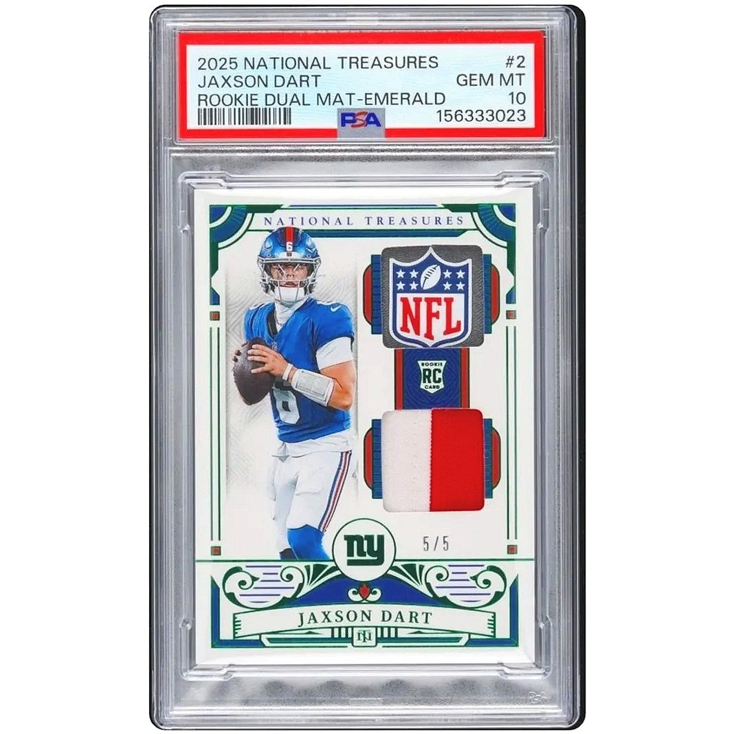 2025 Panini National Treasures Jaxson Dart Rookie Dual Materials NFL Shield Patch /5 PSA10 - Giants