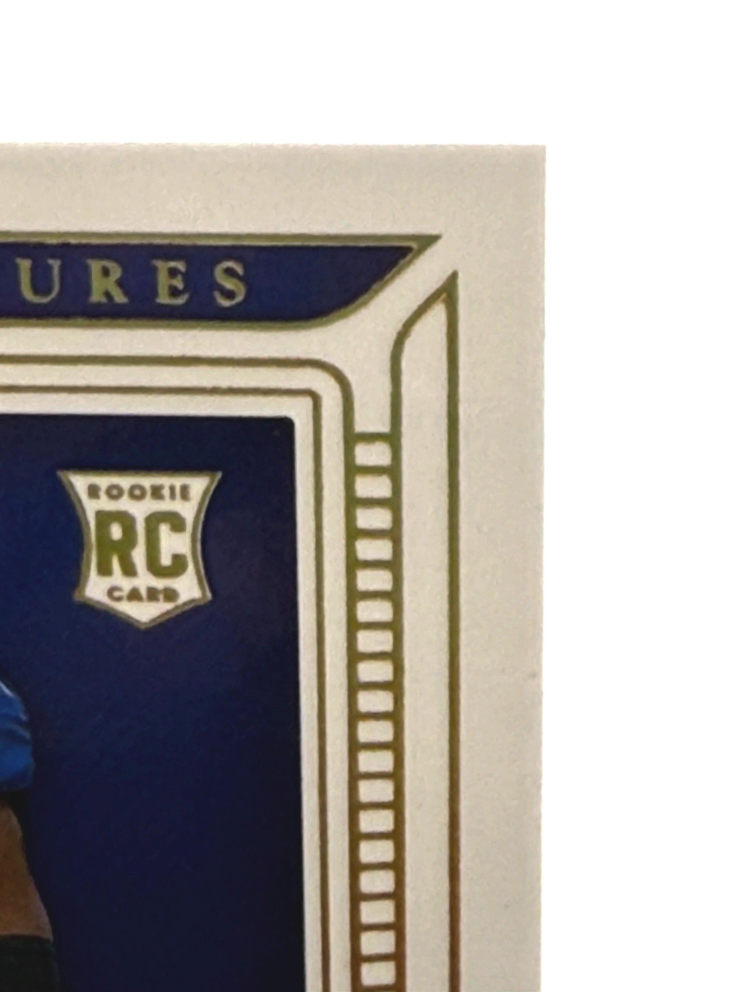 Top right corner close-up of 2025 National Treasures Abdul Carter Century Materials /10 rookie patch card showing surface, edge, and corner condition